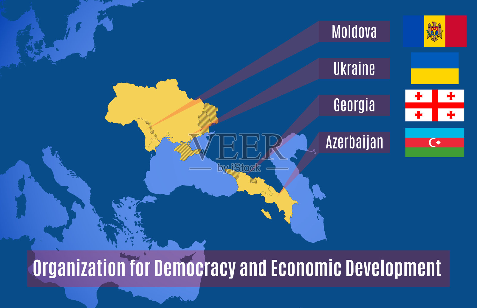 民主和经济发展组织(关岛)地图。带有争议领土的矢量地图。插画图片素材