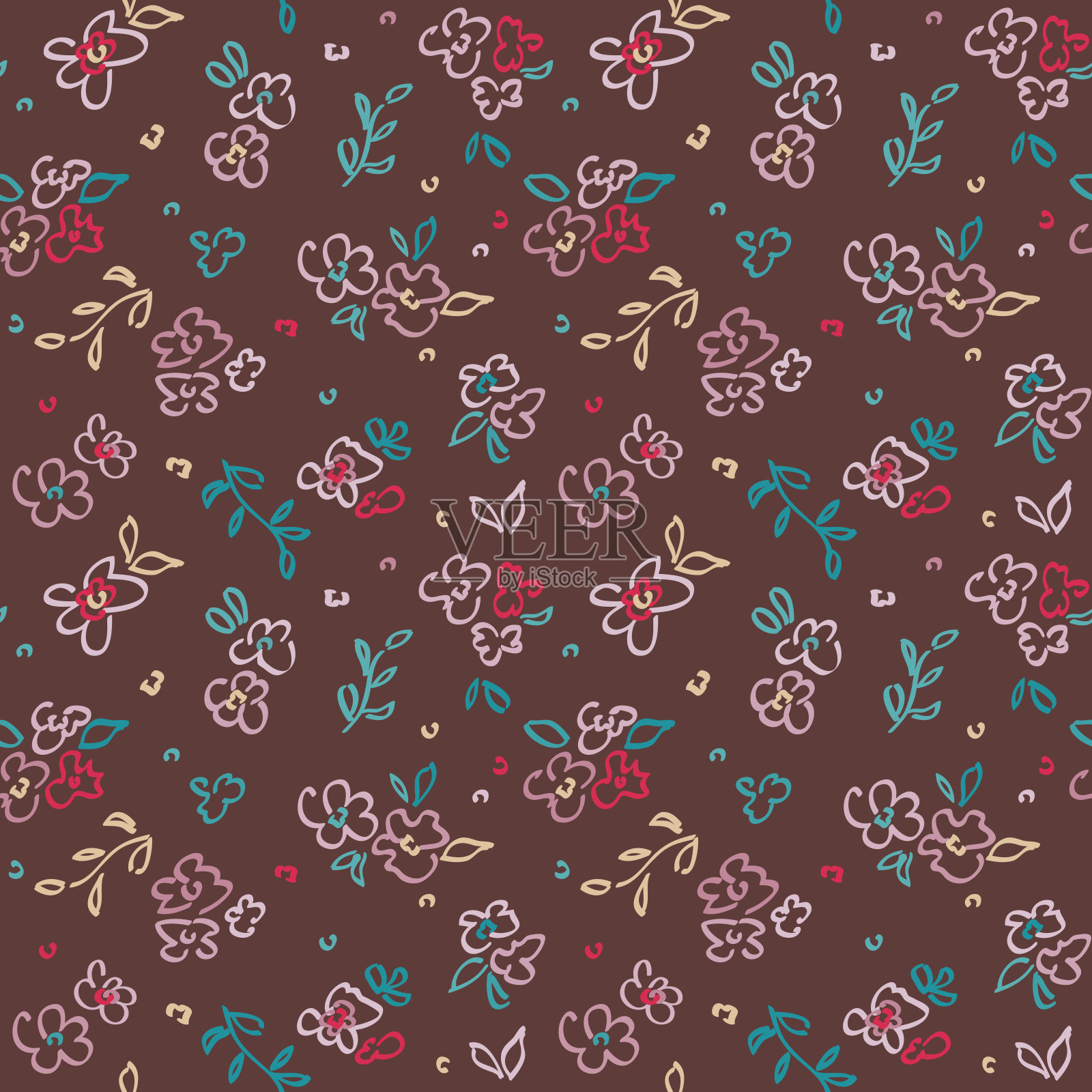 可爱简单的花卉无缝图案与小手绘花朵，幼稚的涂鸦风格的叶子在棕色的背景。插画图片素材