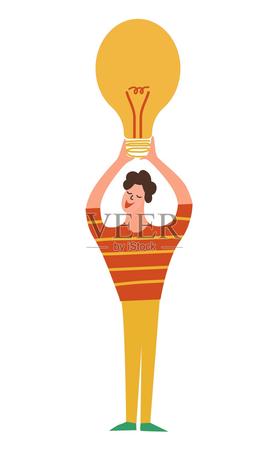 拿着灯泡的滑稽男子提出了新想法。矢量插图在卡通平面风格。插画图片素材