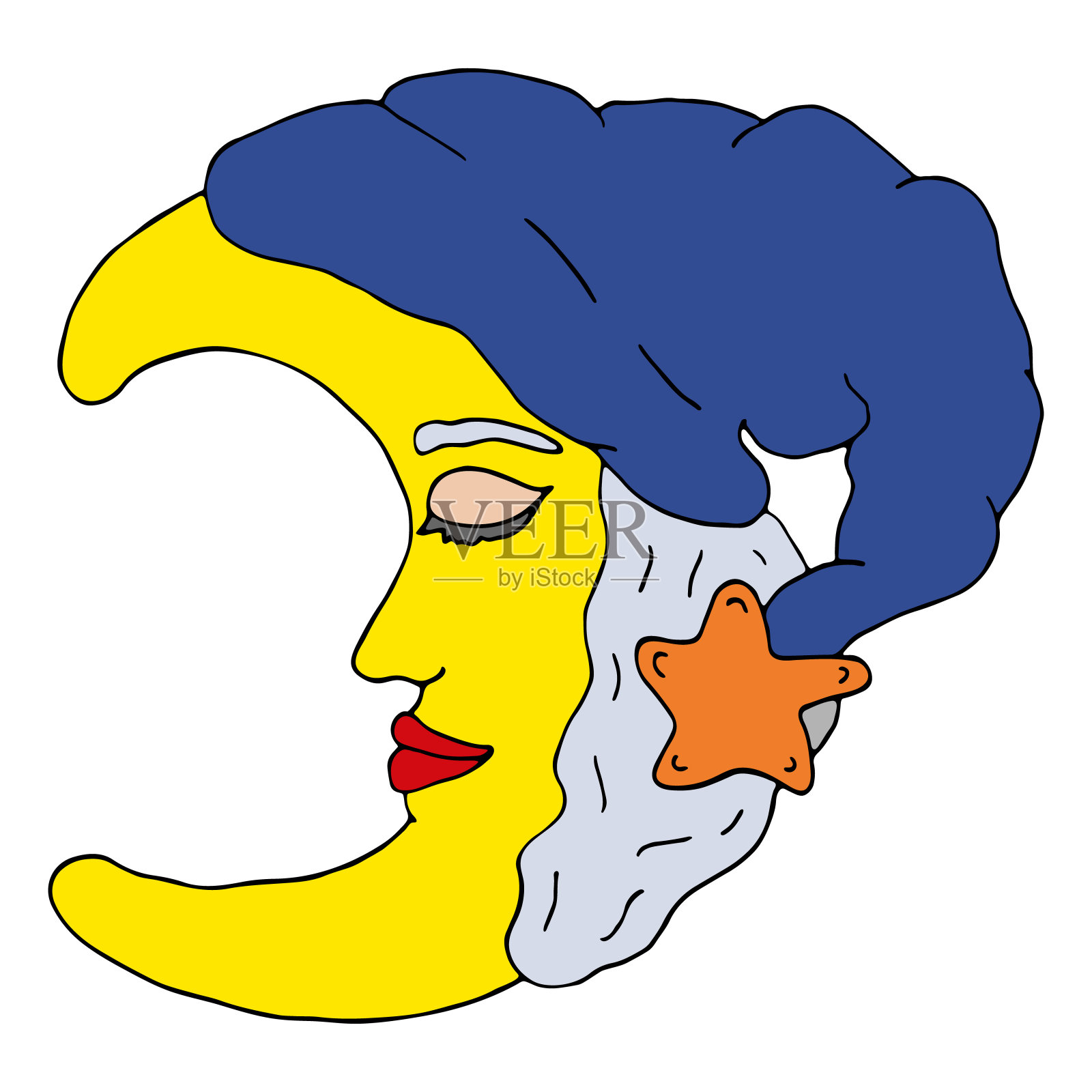 美丽的新月带着华贵的头发，戴着有星星的睡帽，睡在天空中。手绘矢量插图。一个女人的神秘形象。适合儿童房，明信片，t恤，杯子。插画图片素材