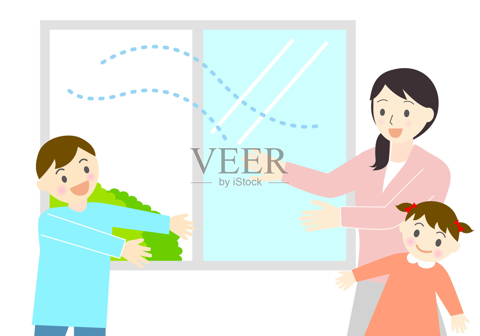 打开窗户，妈妈和孩子们插画图片素材