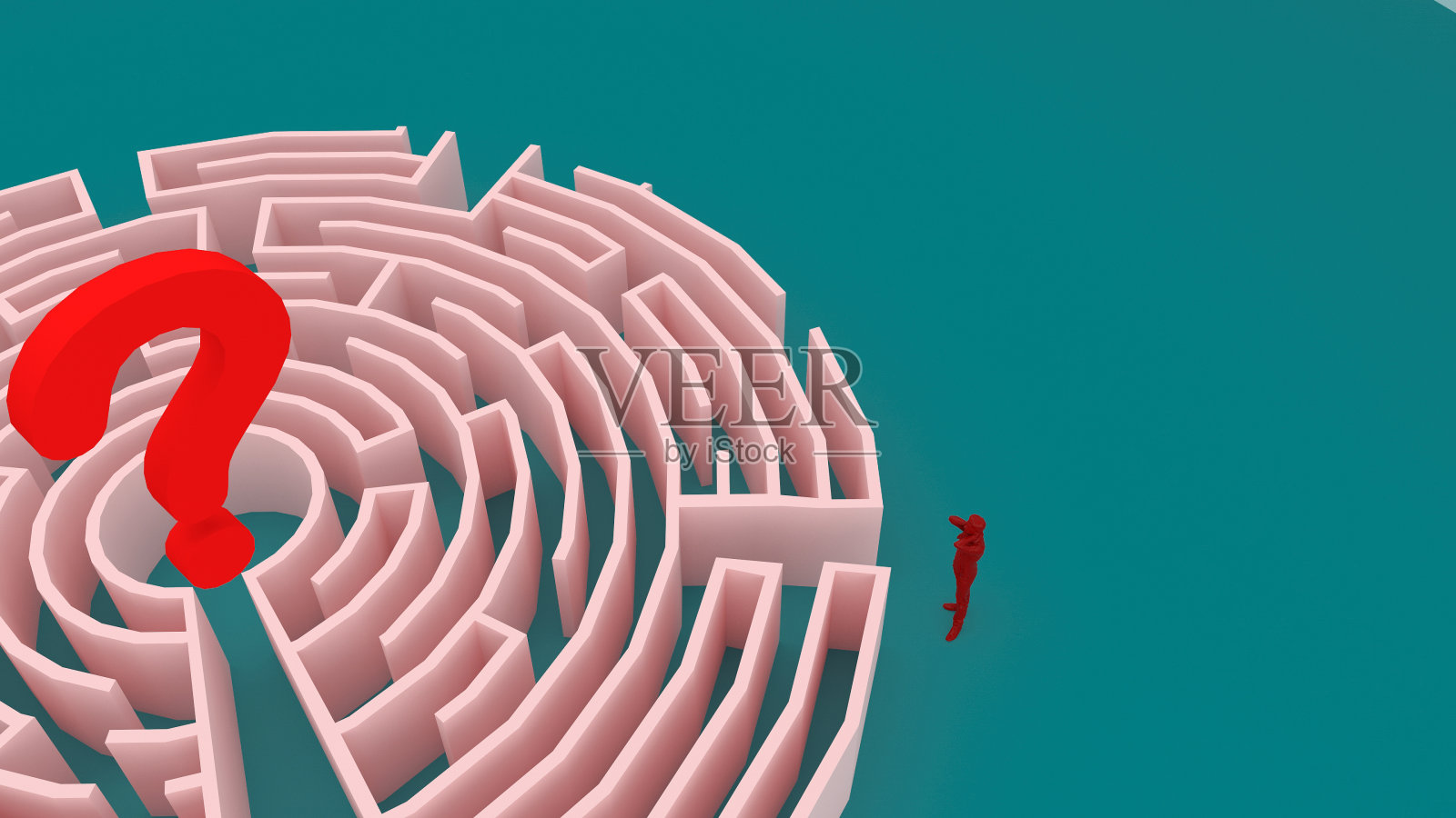 商人进入迷宫。寻找解决方案、解决问题、挑战等概念。年轻的商人困惑地看着问号。照片摄影图片