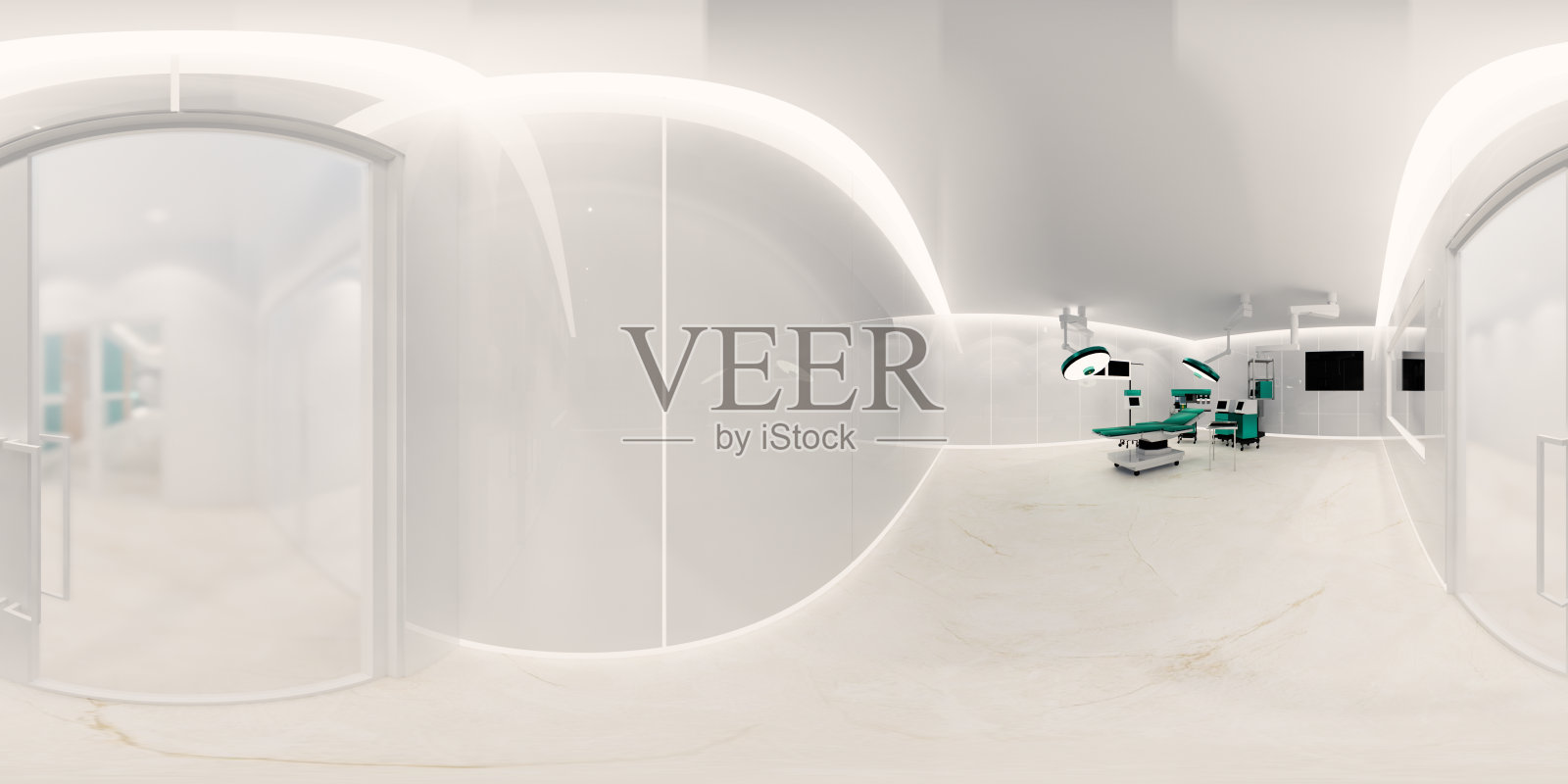 社交距离，3d渲染球面360 vr度，无缝全景的现代医院或诊所。室内设计3D渲染。照片摄影图片