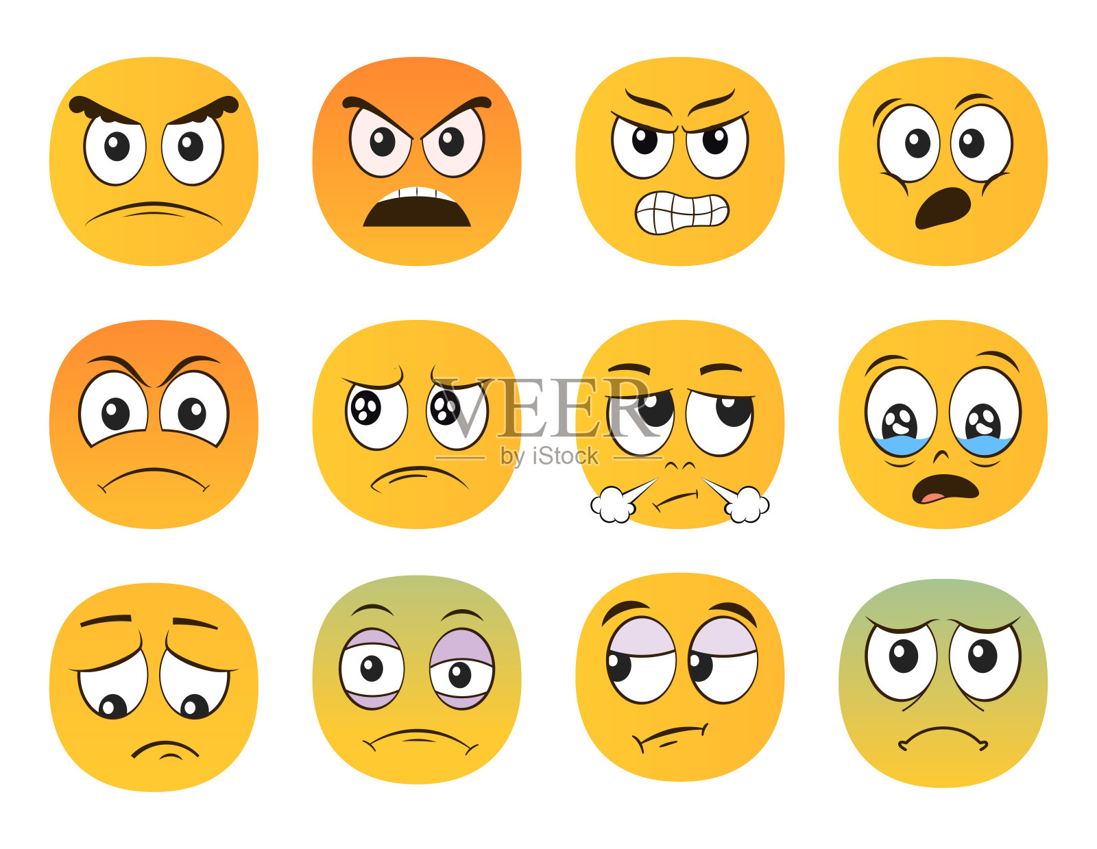 愤怒的表情符号。不快乐，痛苦，怀疑，震惊，怨恨的情绪。插图。插画图片素材