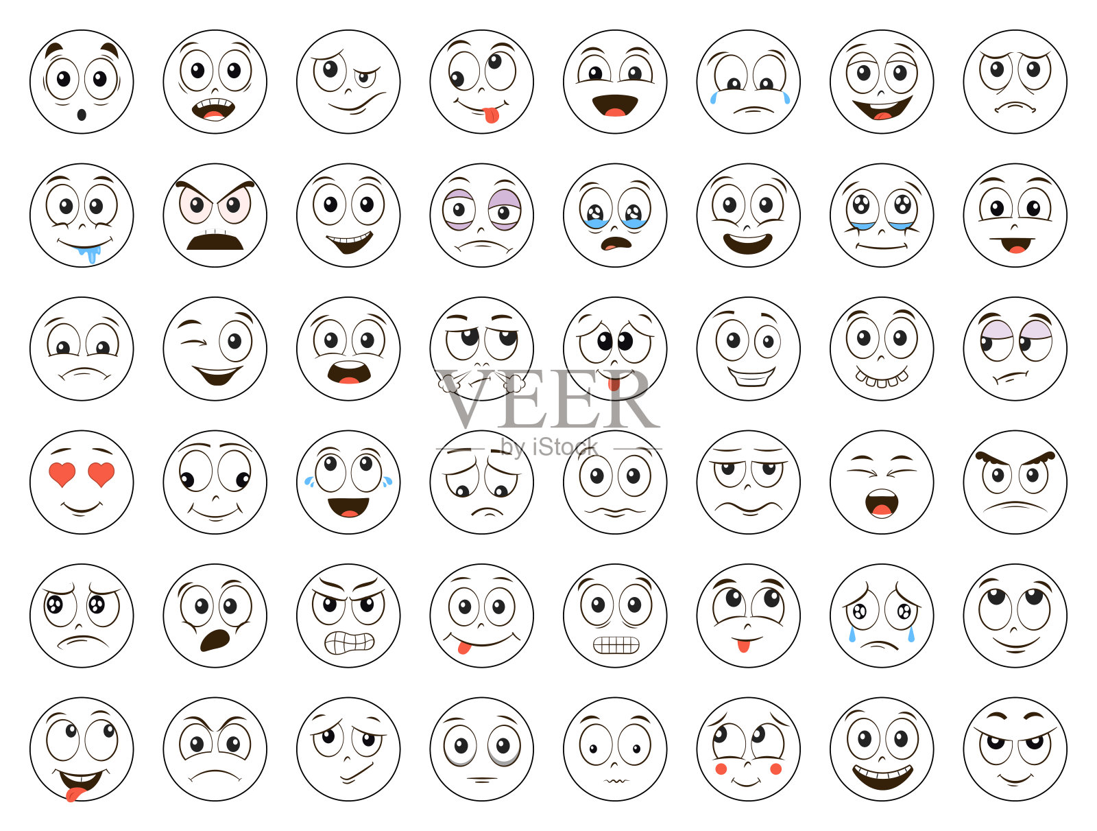 有趣的表情的脸。emoji集。生气、大笑、微笑、哭泣、害怕等表情。孤立的插图在白色的背景图标素材