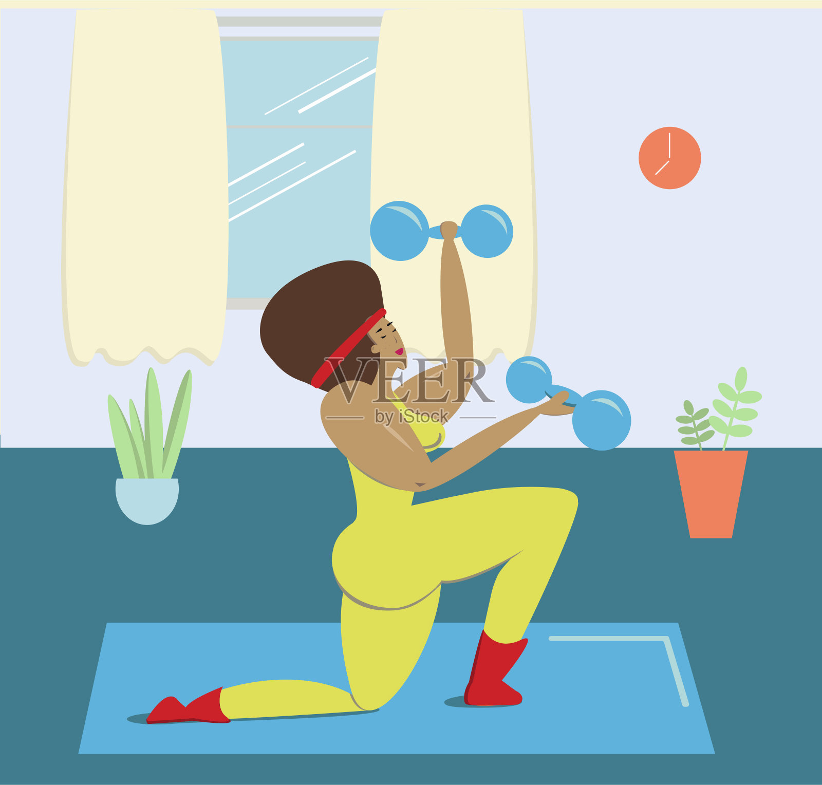 黑人妇女在家里做运动。一位手中拿着哑铃的非裔美国妇女正在从事体育运动。体育在隔离。身体的积极性。矢量插图在平面风格。插画图片素材