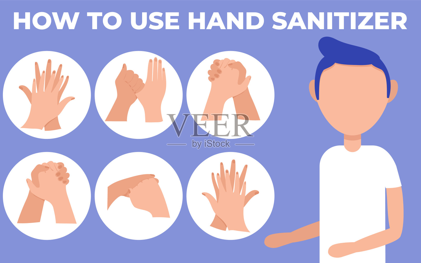 用酒精凝胶消毒双手。如何使用洗手液，个人卫生，信息图表程序清洗酒精凝胶。清洁预防covid-19。插画图片素材