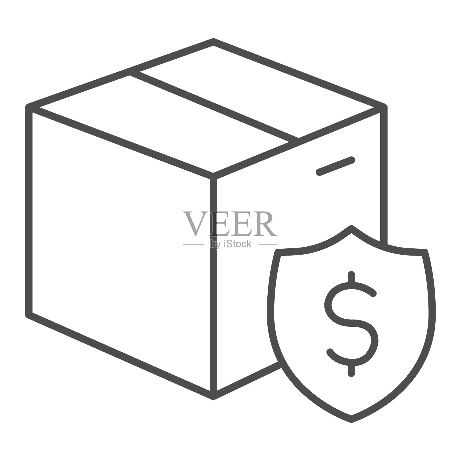 运输盒与美元细线图标，购买概念符号，交付费用矢量标志在白色背景，硬纸板包装包裹与美元图标在轮廓风格。矢量图形。插画图片素材