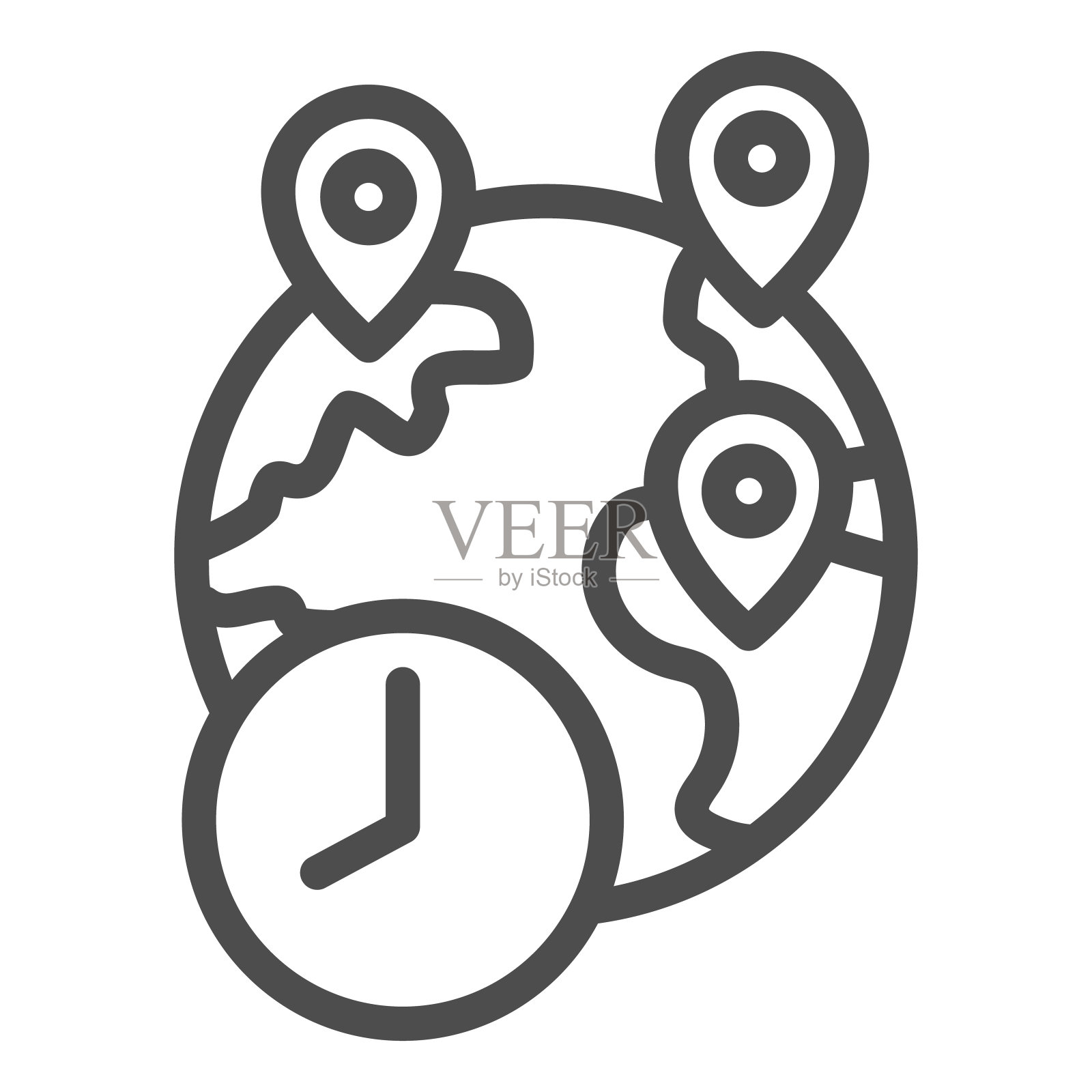 全球大头针和时钟线图标，全球交付符号，地点在行星地球矢量标志上的白色背景，快速物流全球交付与点图标的轮廓。向量。插画图片素材