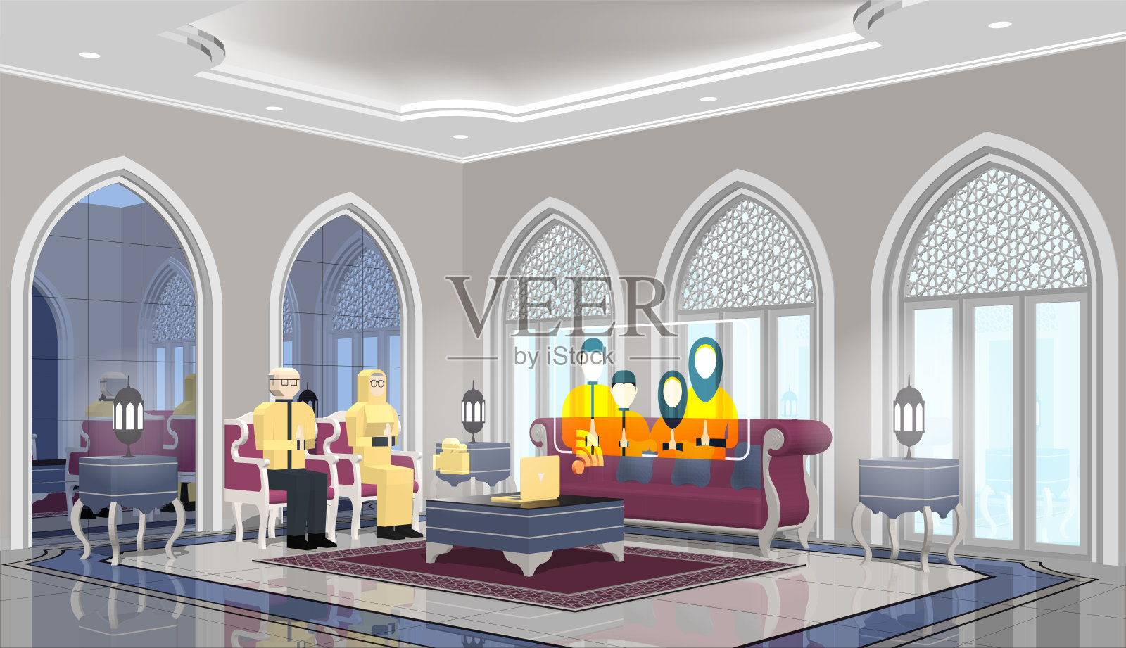 伊斯兰大日子的社交距离视频通话插画图片素材