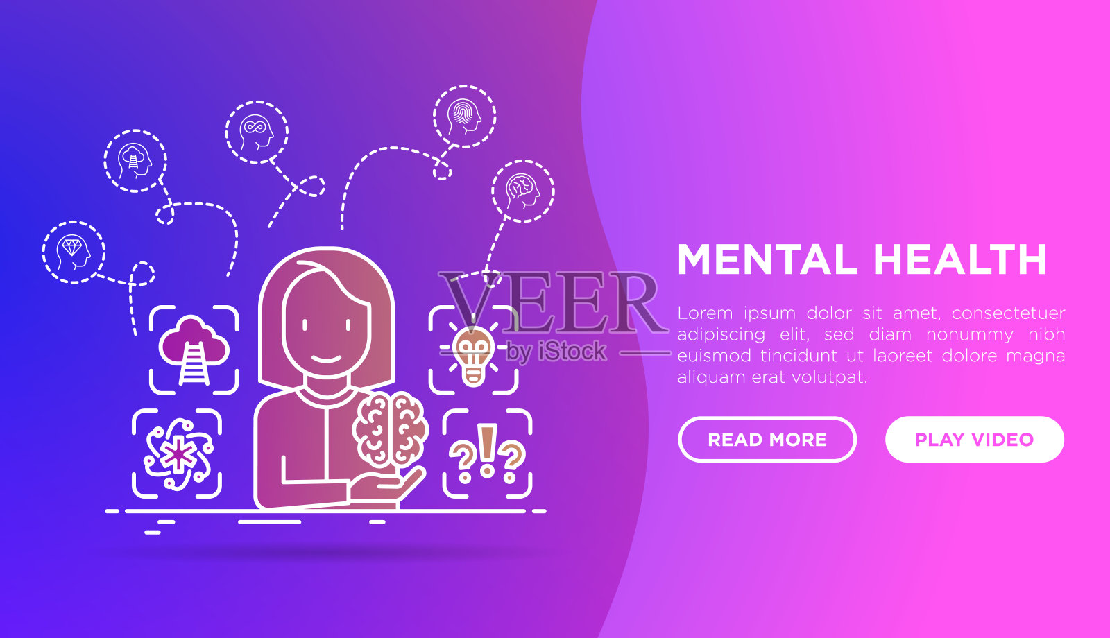 心理学家分析心理健康网页模板。细线图标:情感推理，逻辑计划，痴迷，内心对话，卓越的思想，自我认同。矢量图插画图片素材