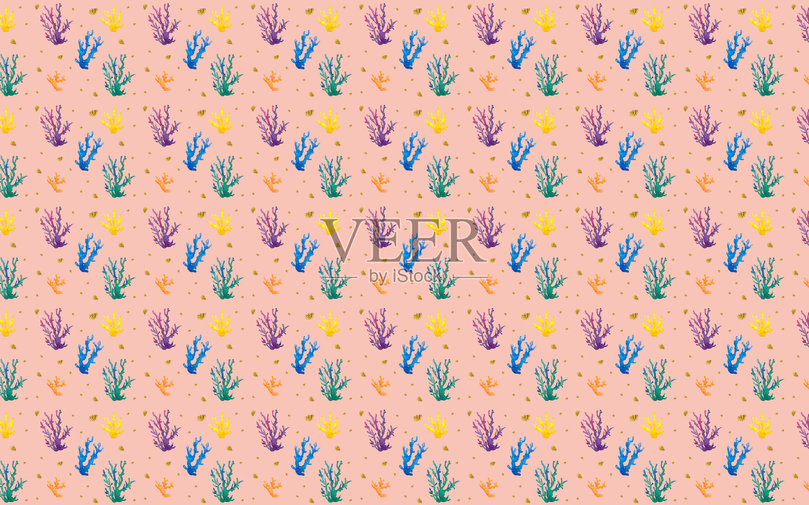 无缝模式。在粉红色的背景上手绘水彩贝壳和珊瑚。插画图片素材