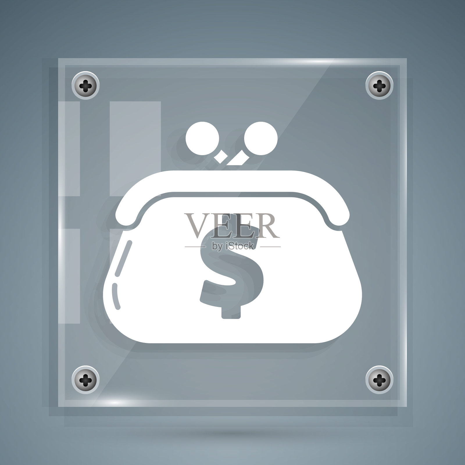 白色钱包与美元符号图标孤立在灰色背景。钱包图标。现金储蓄的象征。方形玻璃面板。矢量图图标素材