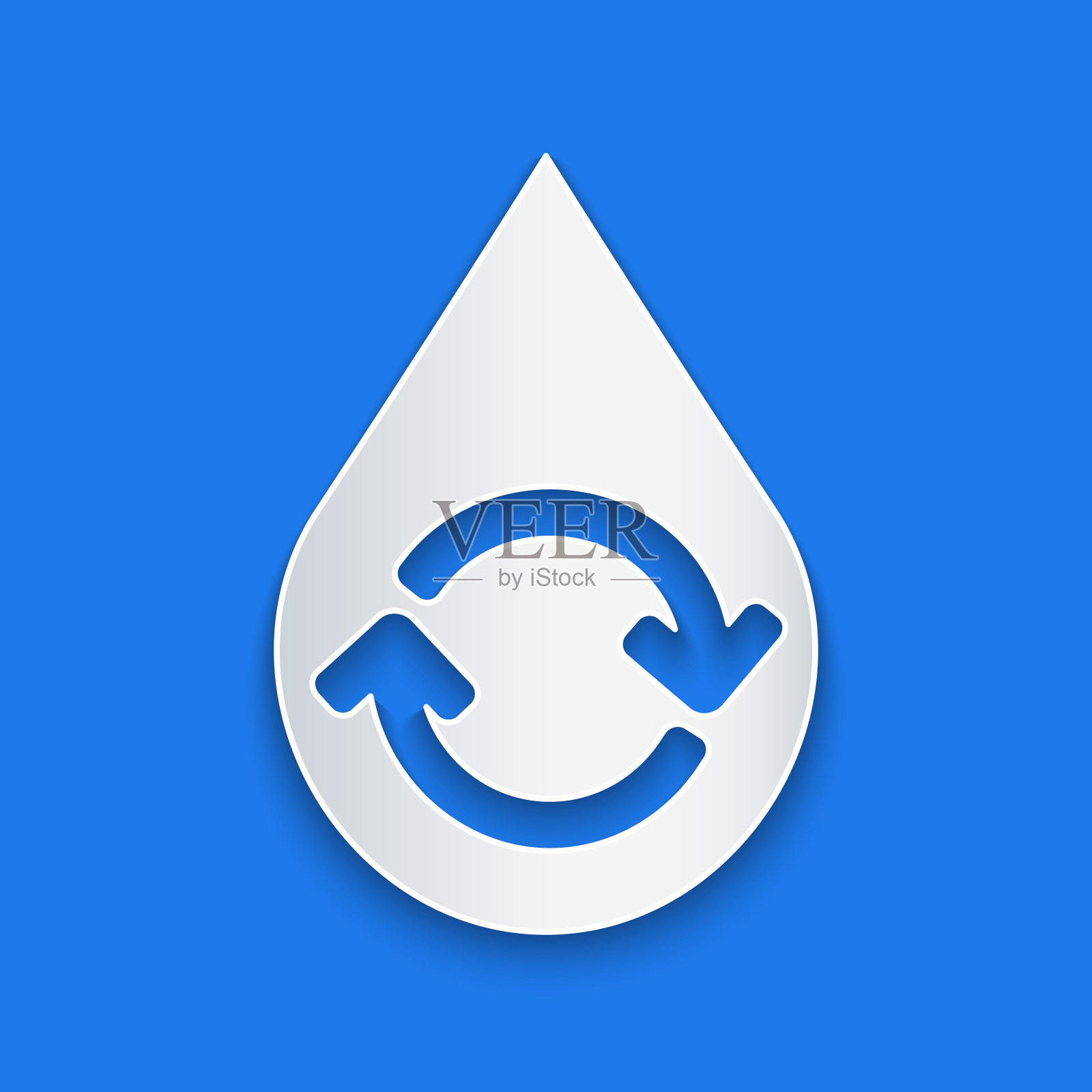 剪纸回收干净的水图标孤立在蓝色背景。水滴与标志循环利用。纸艺术风格。矢量图插画图片素材