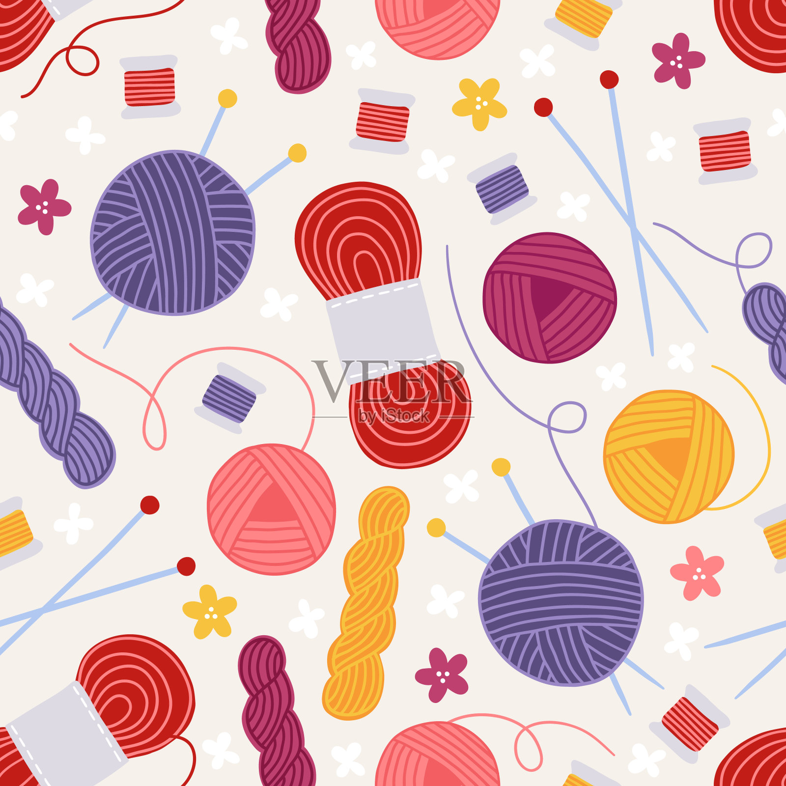 编织用五颜六色的纱、针、花、线无缝图案插画图片素材