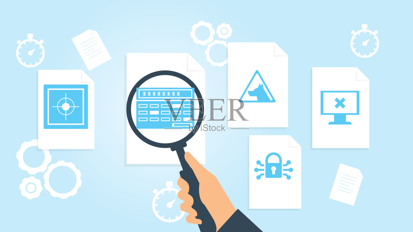 手持金属探测器文件，文献研究矢量插图。文档与搜索图标。文件和放大镜。分析研究的迹象。矢量图插画图片素材