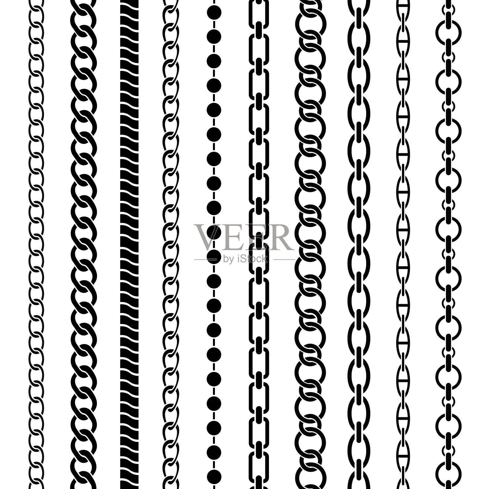 链的边界。不同形状的无缝黑色链条，金属链扣。编织绳、珠宝元素奢侈重复图案向量集设计元素图片