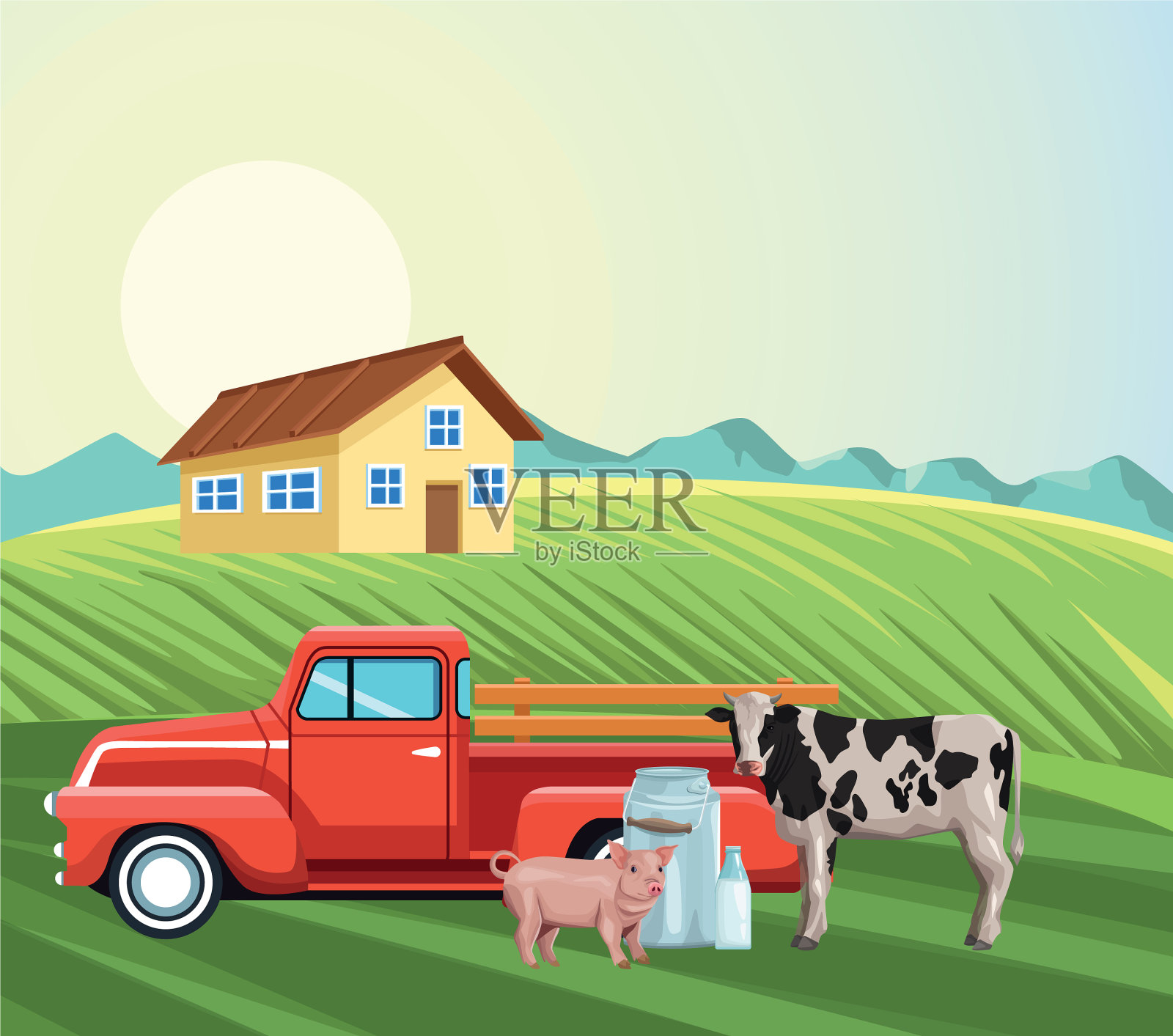 农家皮卡拖拉机奶牛猪牛奶罐插画图片素材