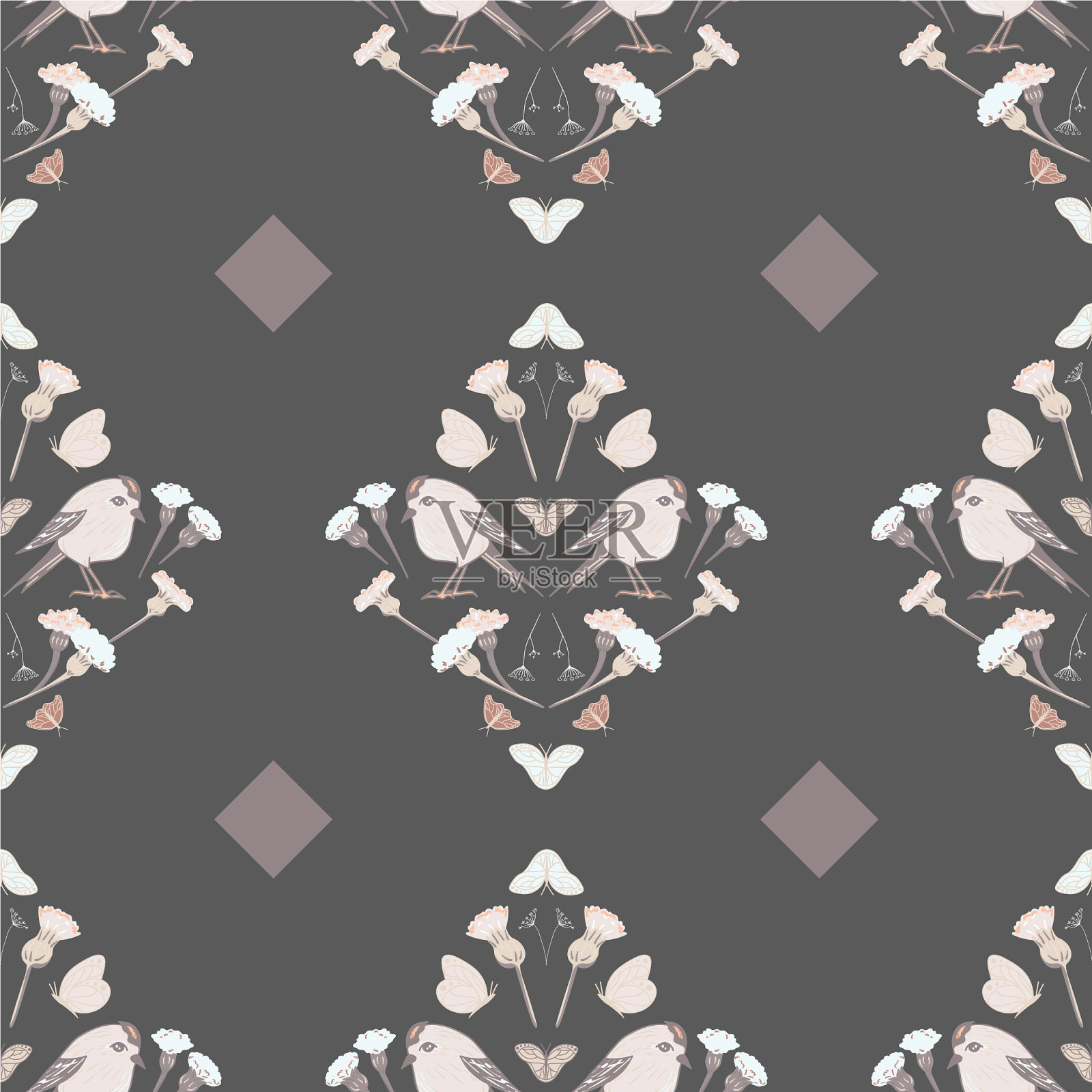 花和鸟组成与几何插画图片素材