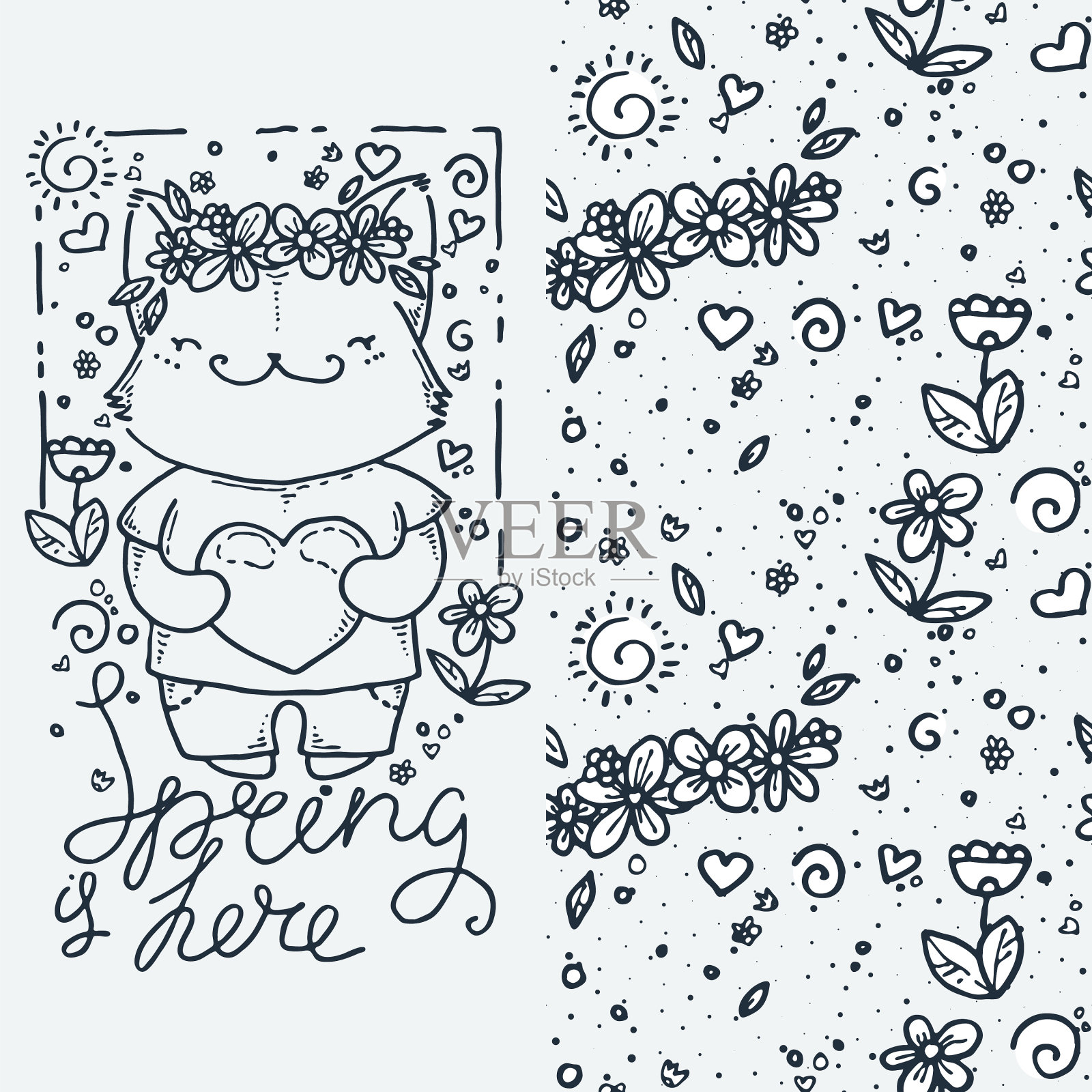 设置可爱的卡通动物和无缝图案插画图片素材