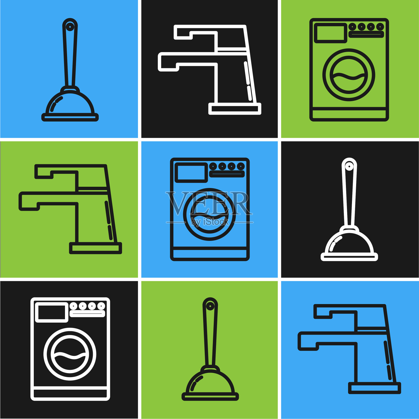 设置线条马桶柱塞垫圈和水龙头图标插画图片素材