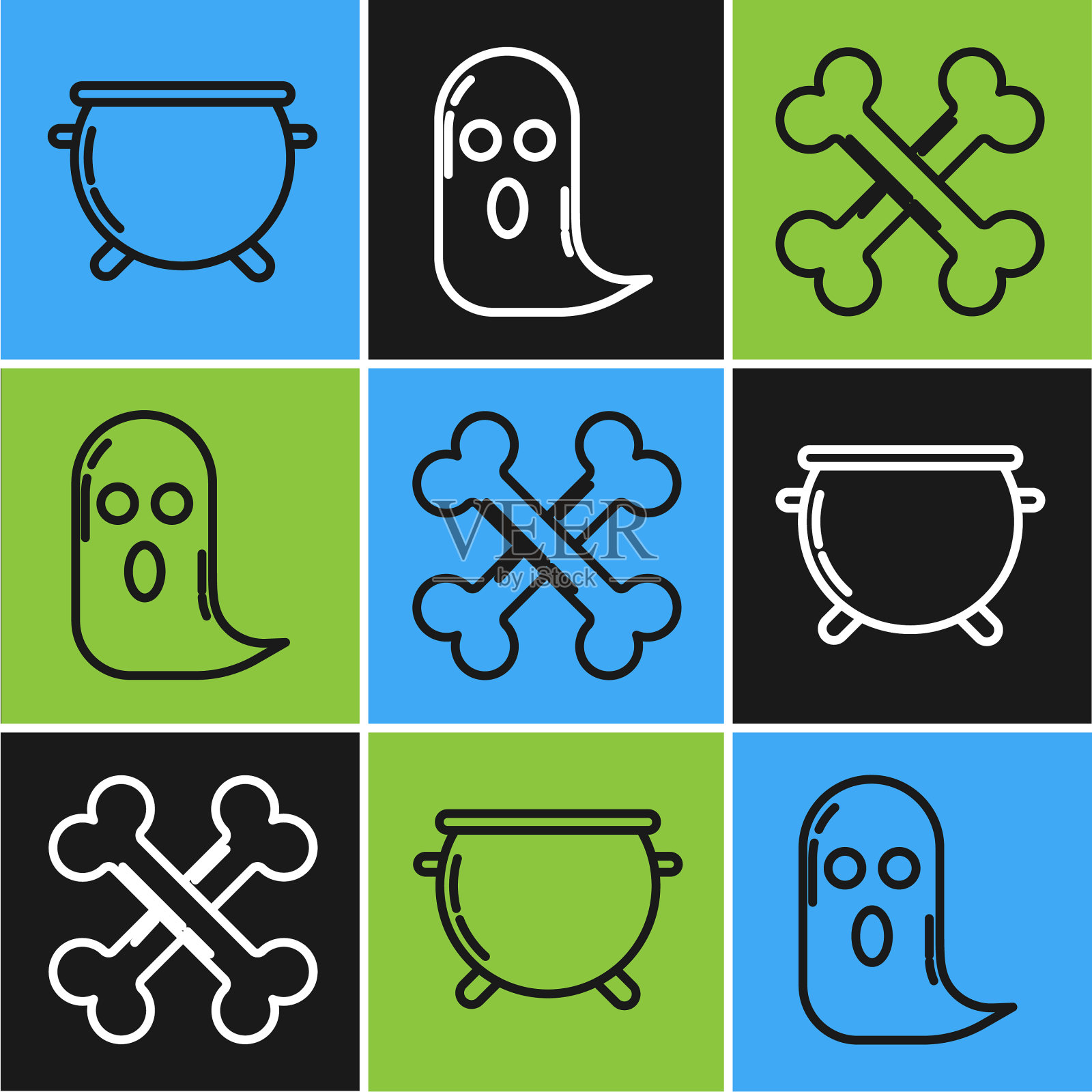 设置线万圣节女巫坩埚交叉骨头插画图片素材