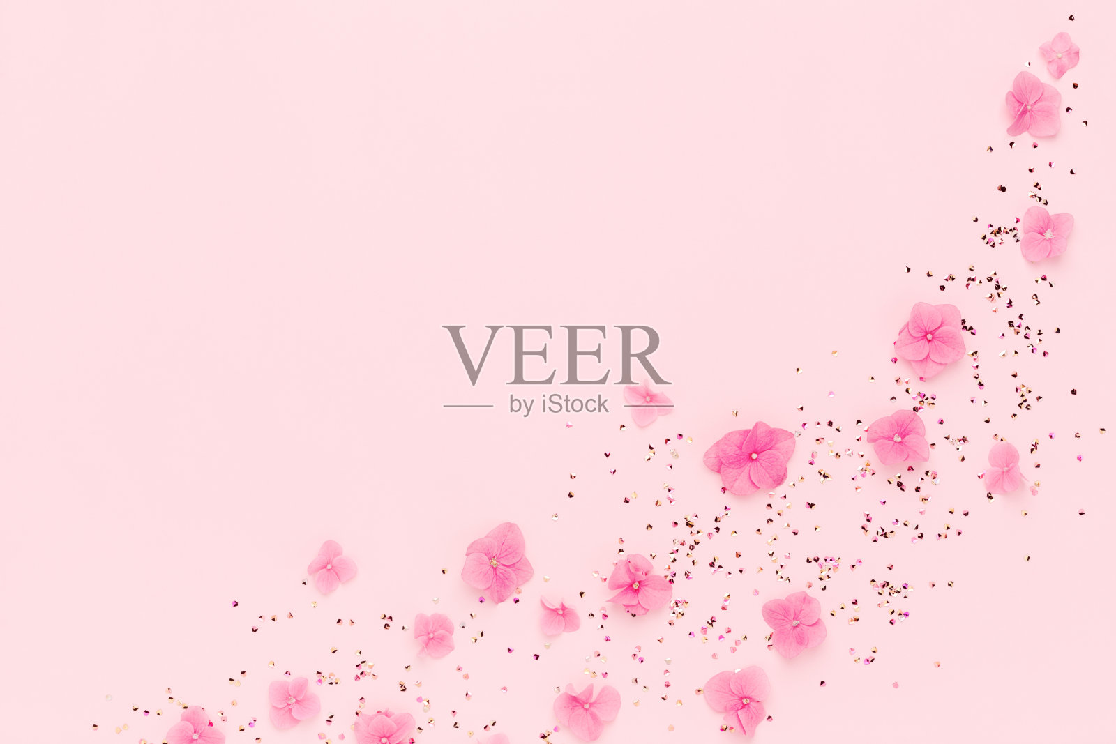 粉红色的鲜花和金色的五彩纸屑散布在复印空间的节日框架。照片摄影图片