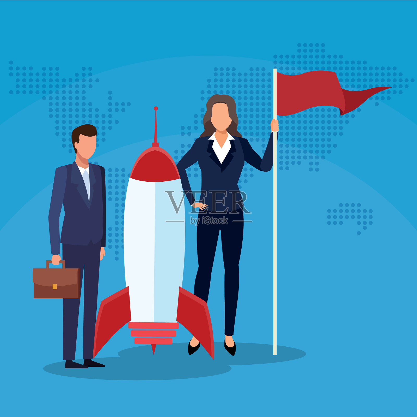 商人女商人用旗帜火箭成功插画图片素材