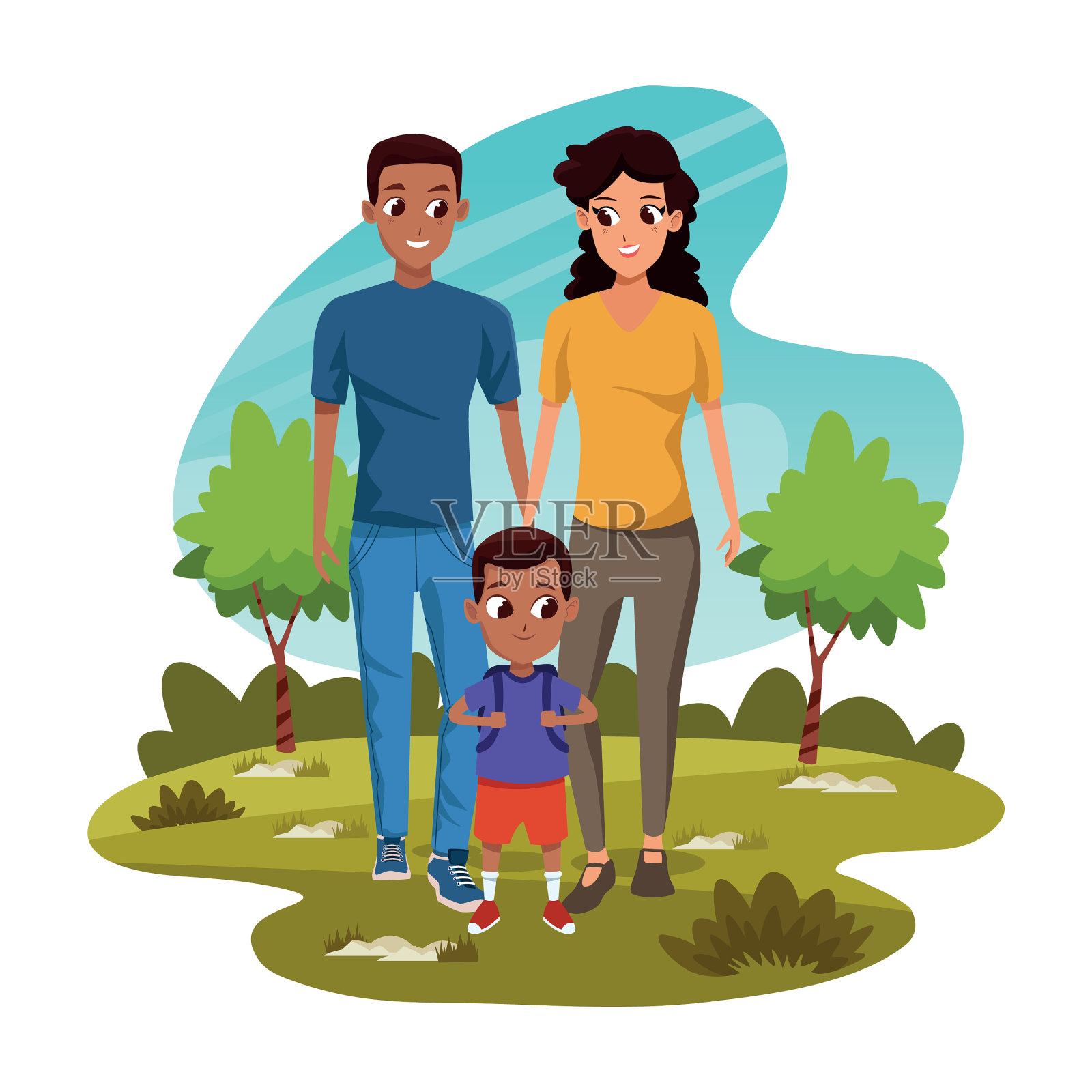 卡通男女带着小男孩在公园里插画图片素材