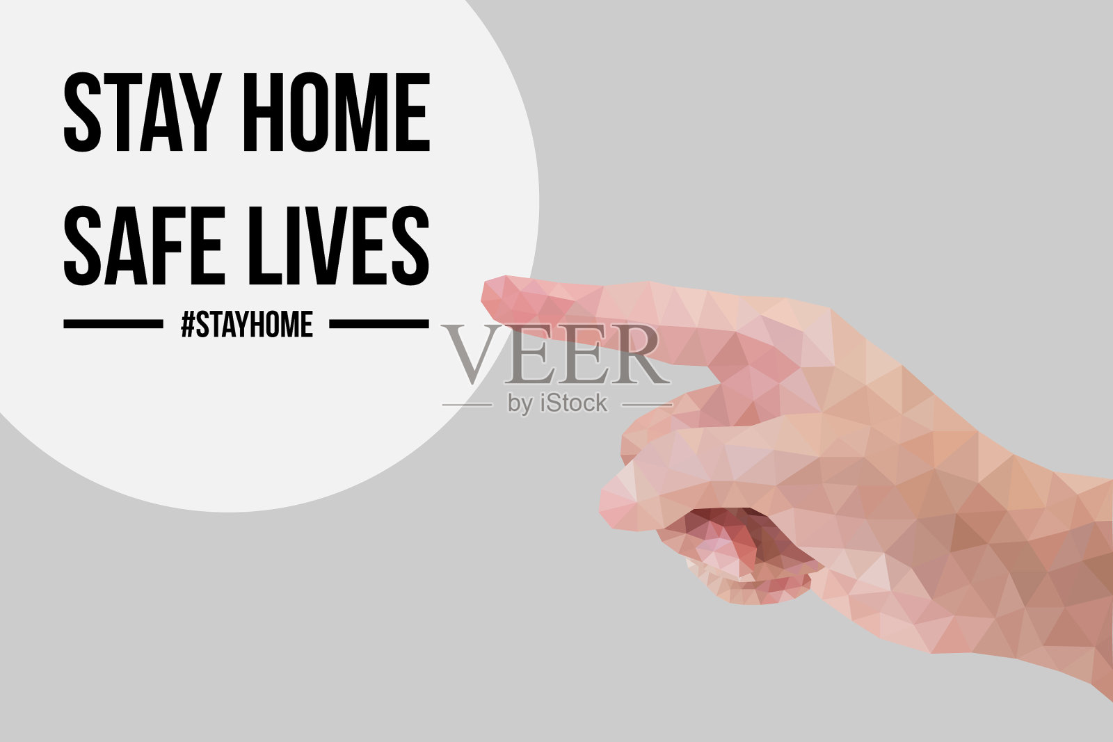 多边形手指向待在家里，安全生活。在COVID-19大流行期间隔离自己插画图片素材