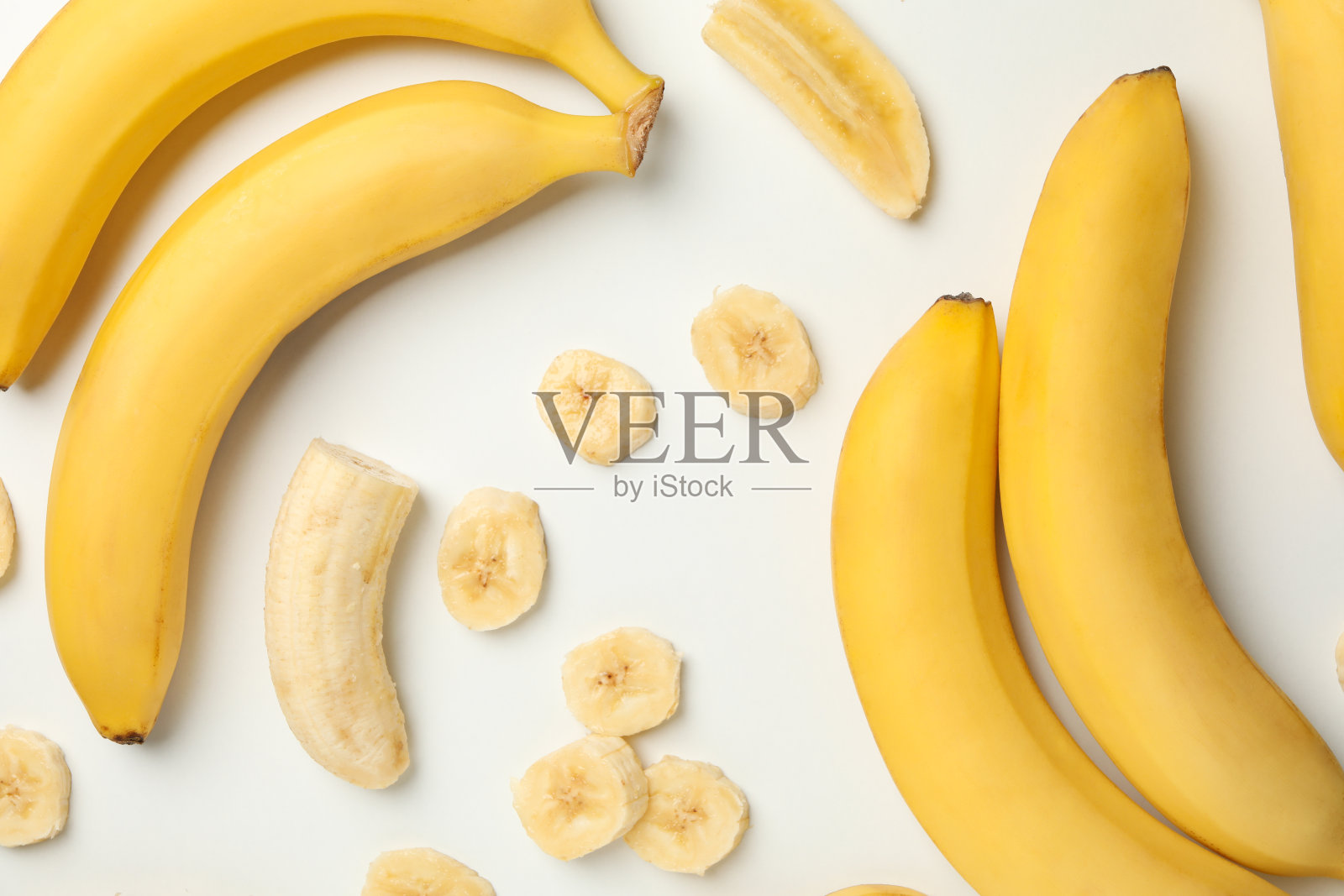 香蕉白色背景，俯视图。新鲜的水果照片摄影图片