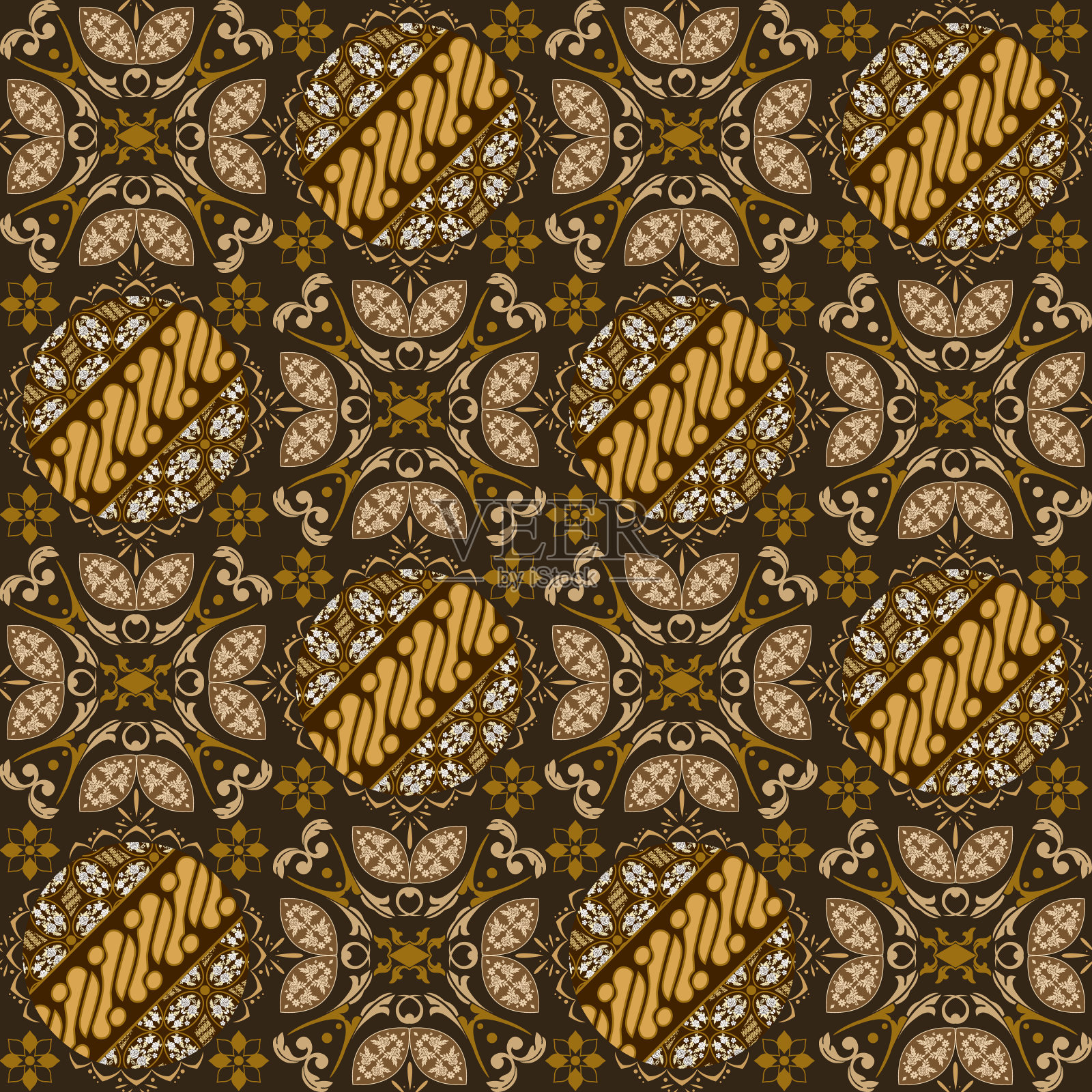 漂亮的圆形图案在中爪哇蜡染设计与深棕色的设计。插画图片素材