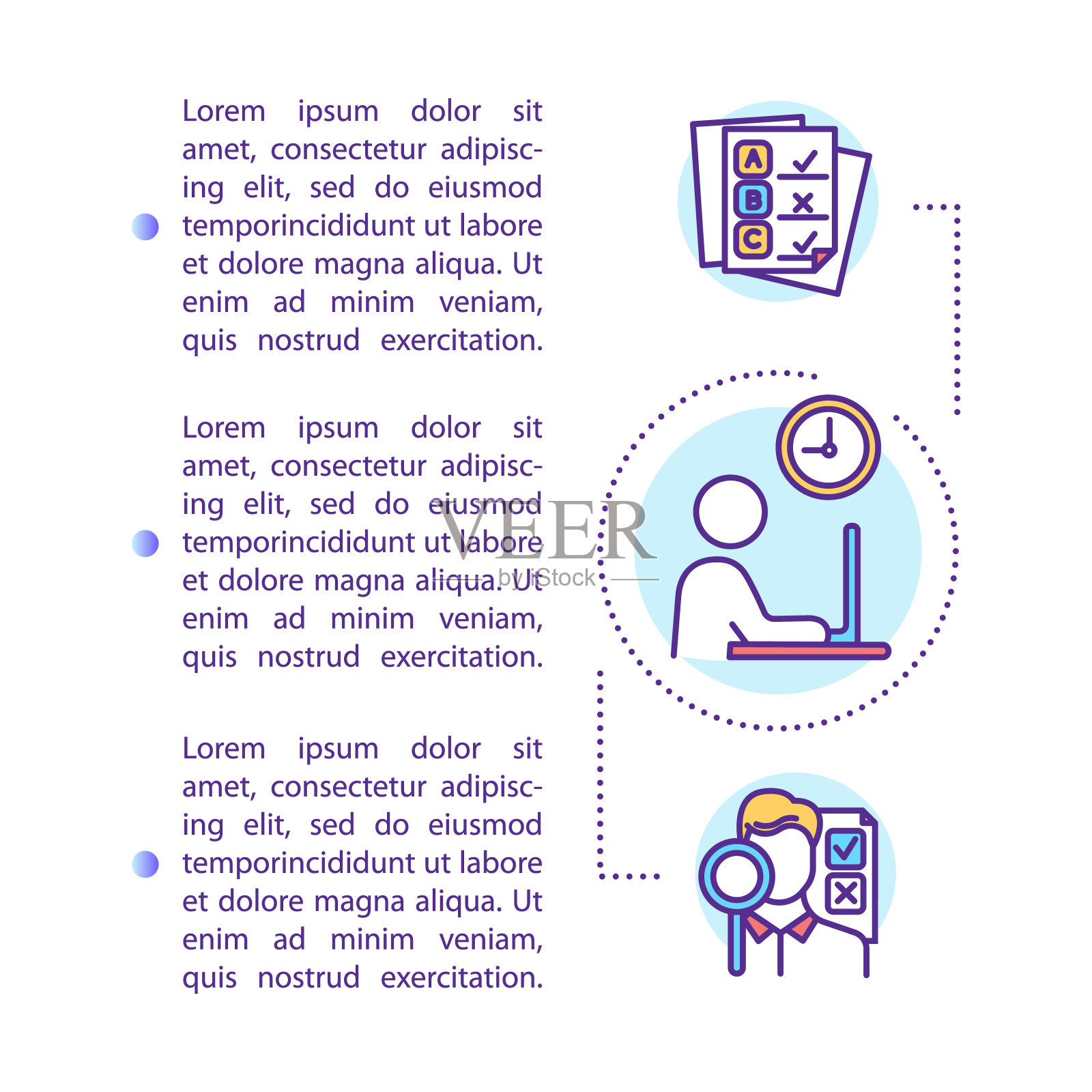 大学项目概念图标与文本。学习进度。大学论文。在笔记本电脑工作。文章页向量模板。宣传册，杂志，小册子设计元素与线性插图设计模板素材