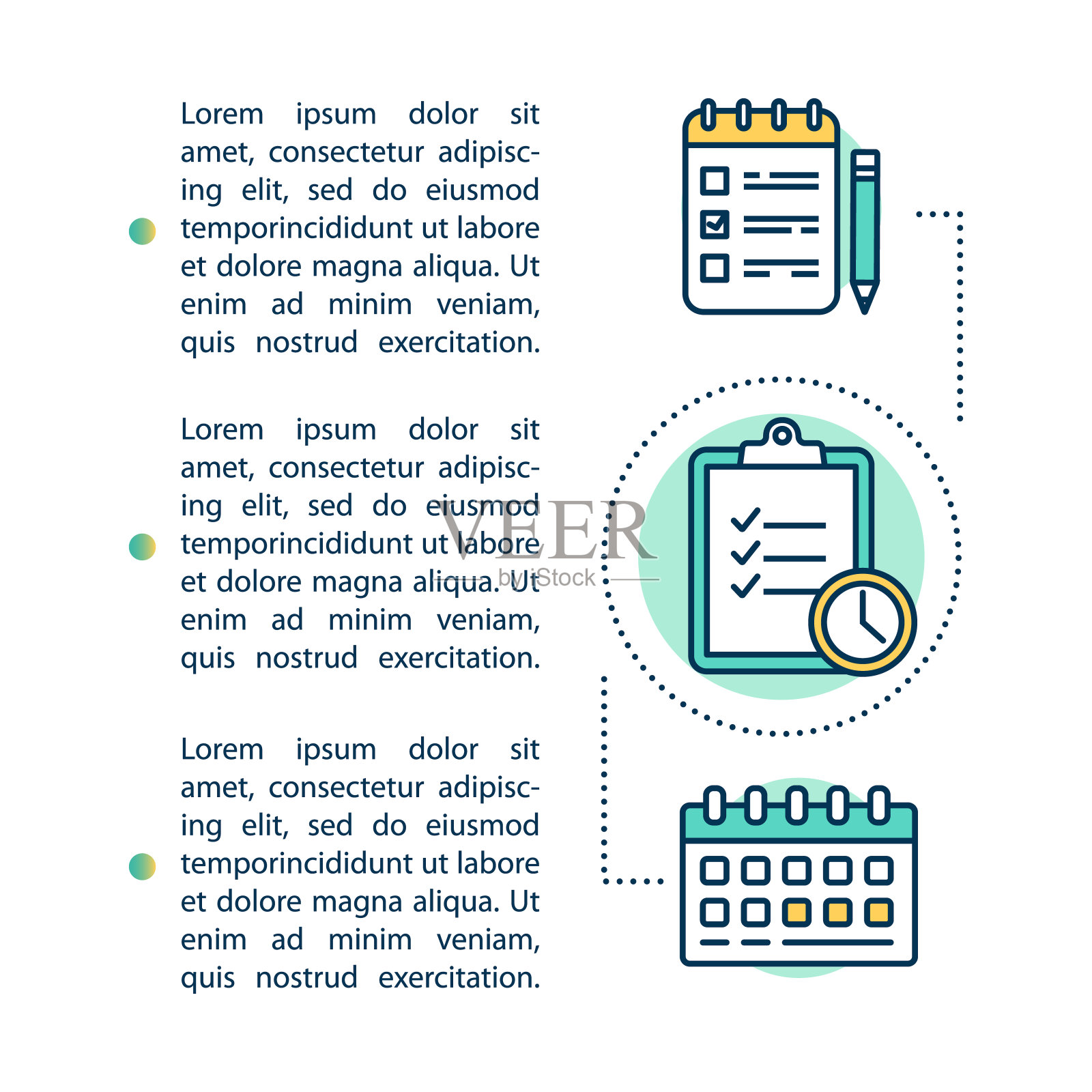 学习时间表概念图标与文本。项目的最后期限。计划任务。研究。文章页向量模板。宣传册，杂志，小册子设计元素与线性插图设计模板素材