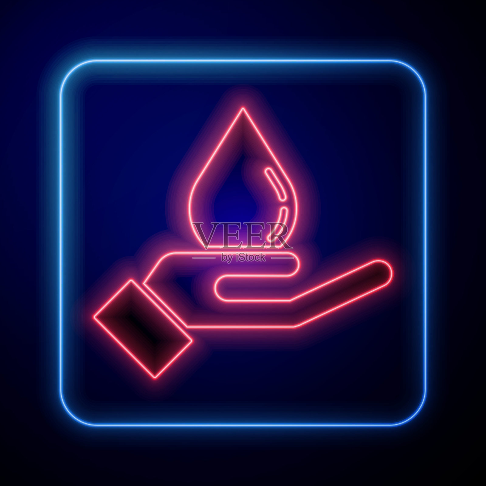 发光的霓虹灯洗手与肥皂图标隔离在蓝色背景。用肥皂洗手可以预防病毒和细菌。矢量图插画图片素材