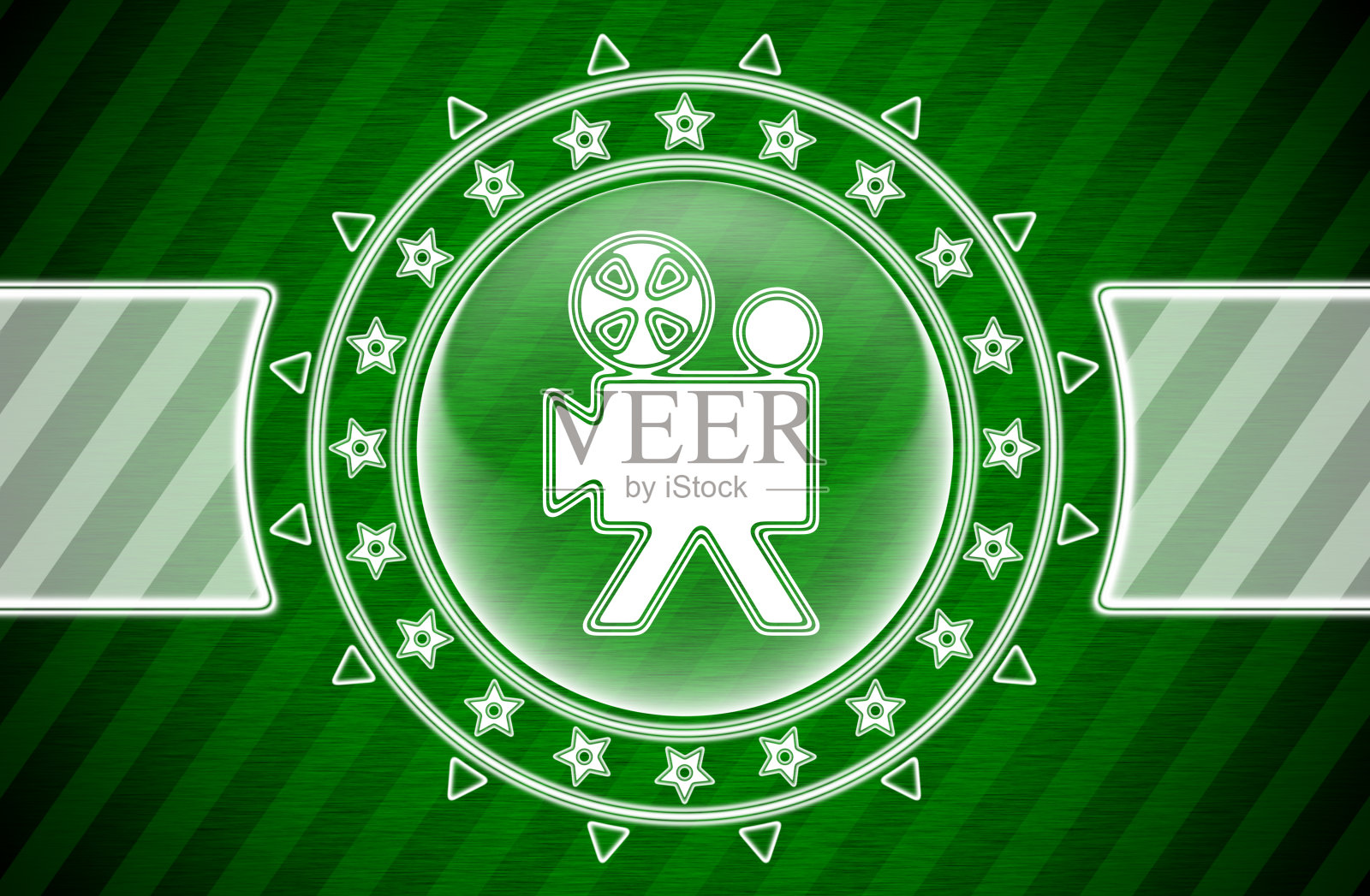 相机图标在圆形和绿色条纹的背景。插图。插画图片素材