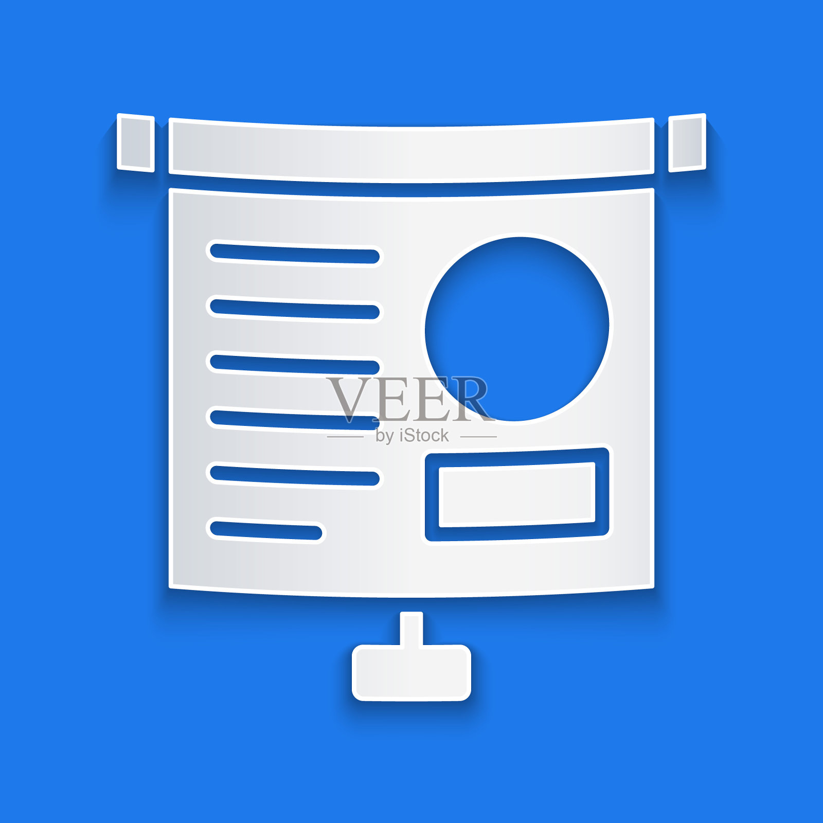 剪纸展示板与图形，时间表，图表，图表，信息图，饼图图标隔离在蓝色背景。纸艺术风格。矢量图插画图片素材