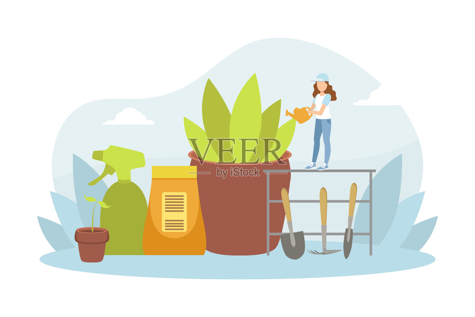 小女孩用罐子浇灌室内植物，女孩照顾室内植物矢量插图插画图片素材