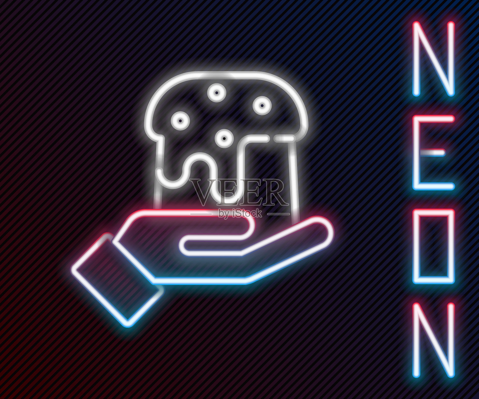 发光的霓虹灯线人的手和复活节蛋糕图标孤立在黑色的背景。复活节快乐。色彩斑斓的轮廓的概念。矢量图插画图片素材