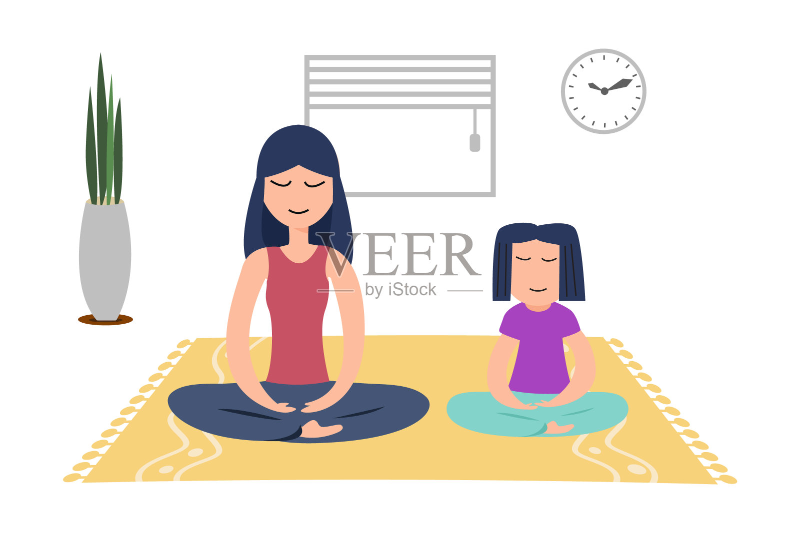 家人带着小女儿在家冥想缓解负面情绪。插画图片素材