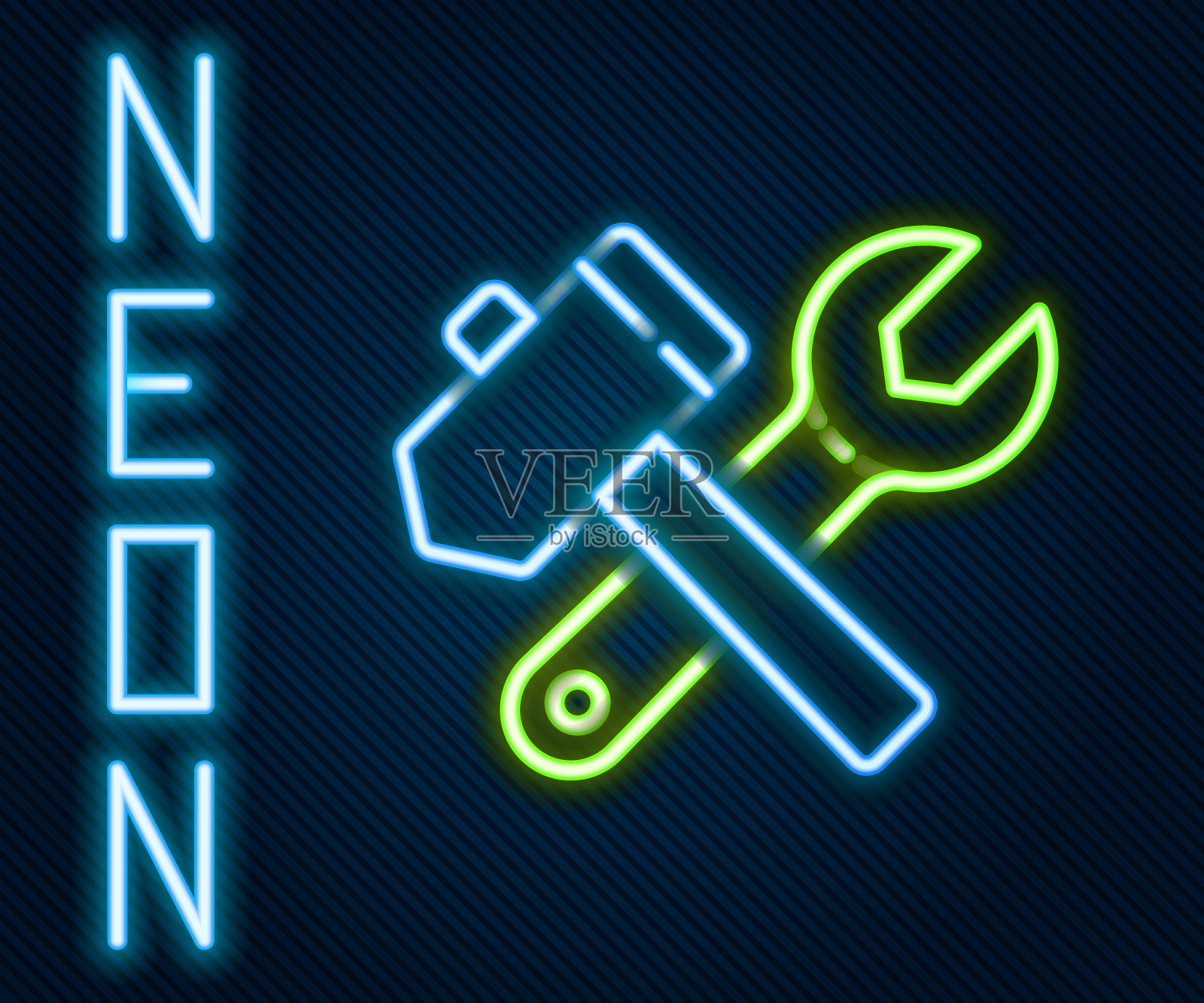 发光的霓虹灯线十字锤和扳手图标隔离在黑色背景。五金工具。色彩斑斓的轮廓的概念。矢量图插画图片素材