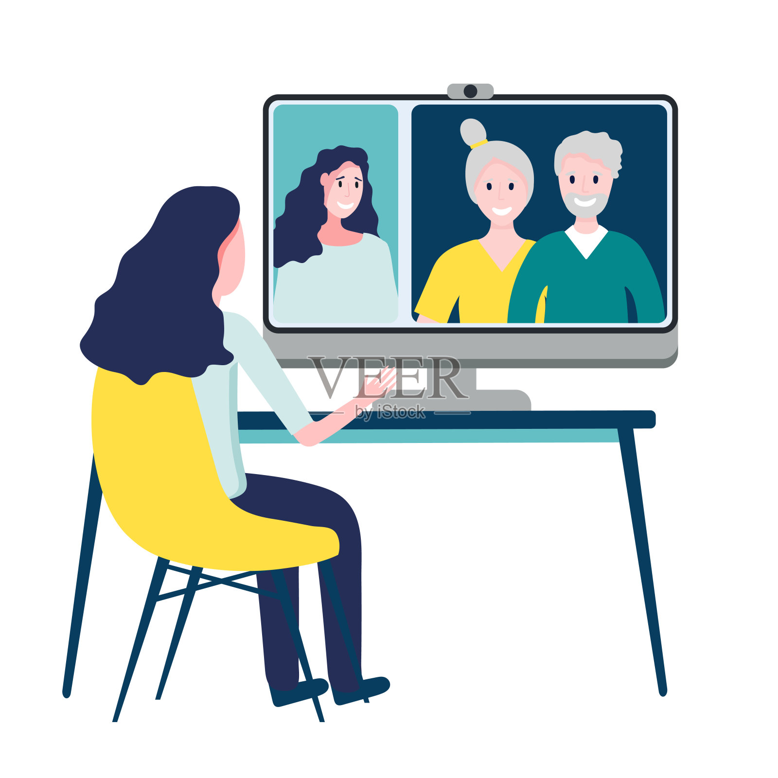 妇女通过电脑大屏幕上的群组电话与父母或长辈进行在线会议。家庭视频会议的概念。视频通话交流插画图片素材