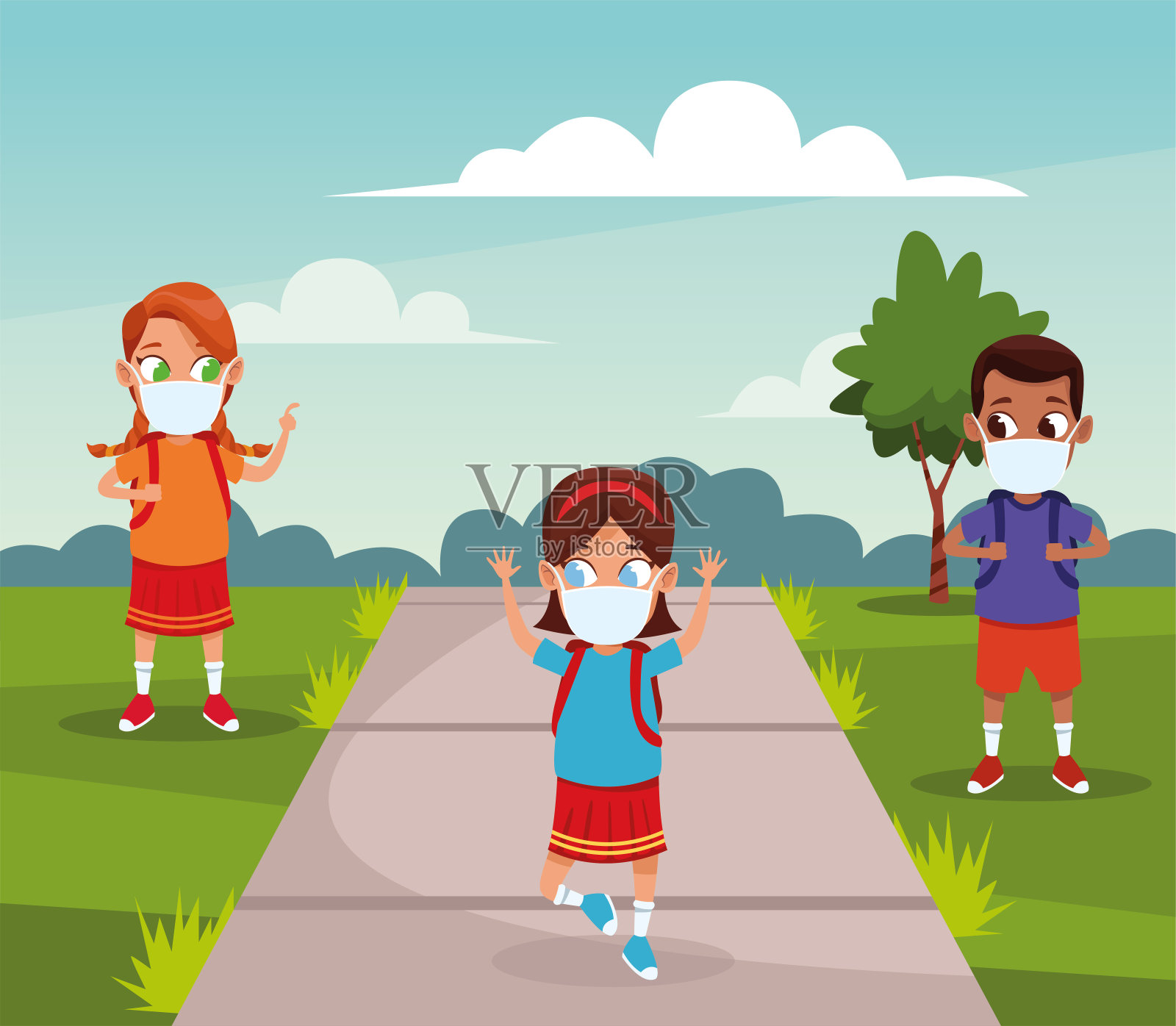 在公园里使用口罩应对新冠肺炎的跨种族儿童插画图片素材
