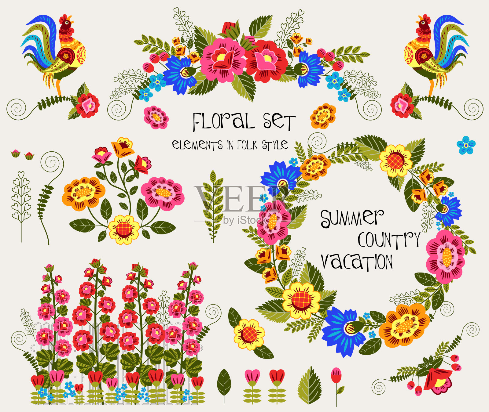 一套多彩的夏季花卉元素在民间风格。公鸡，叶子和花的图形收集。矢量平面图形。插画图片素材