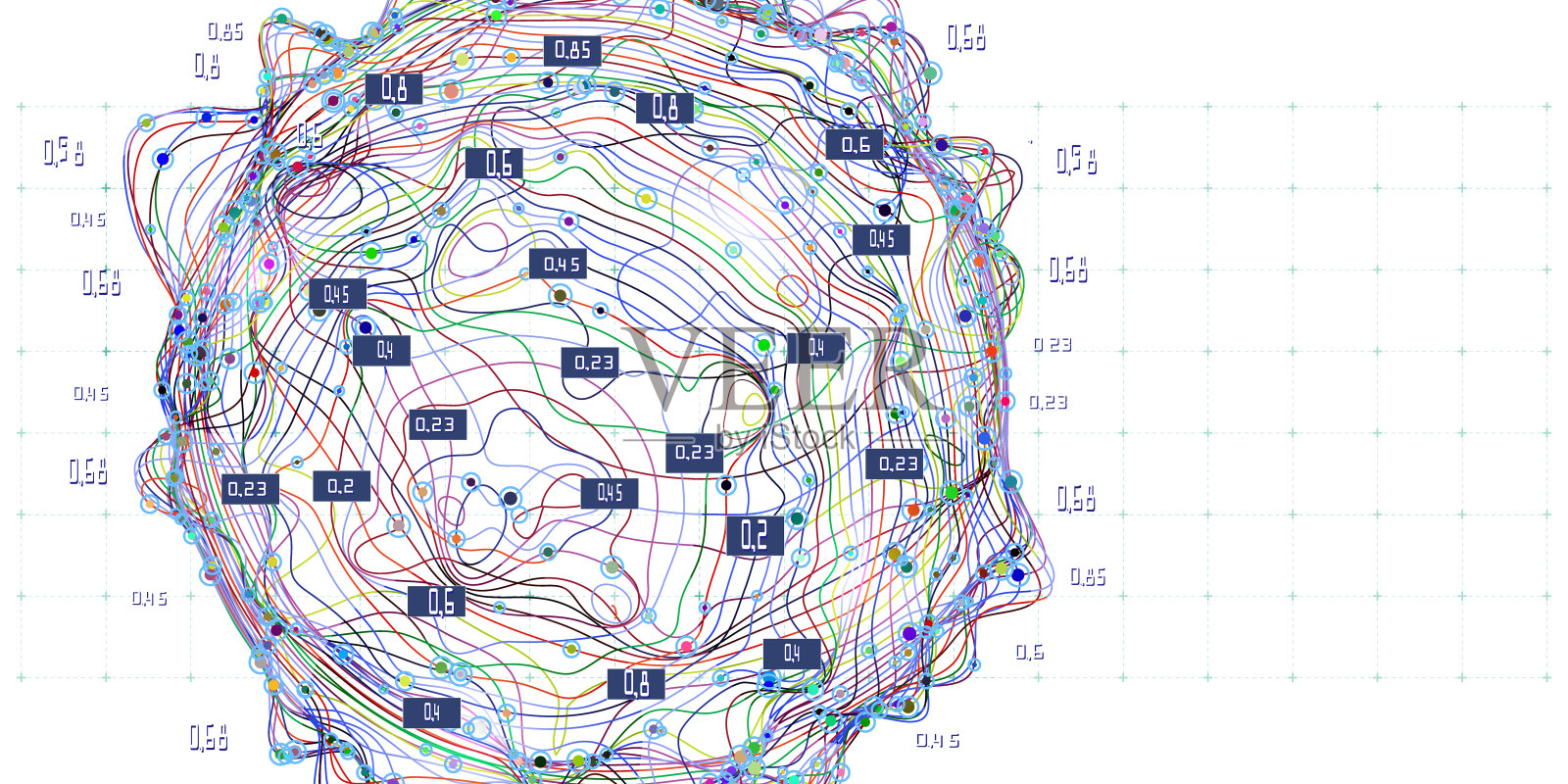 抽象概念分层分析曲线路径上的白数据。带有彩色曲线和镜头效果的噪点。商业和科学设计横幅。大数据。插画图片素材