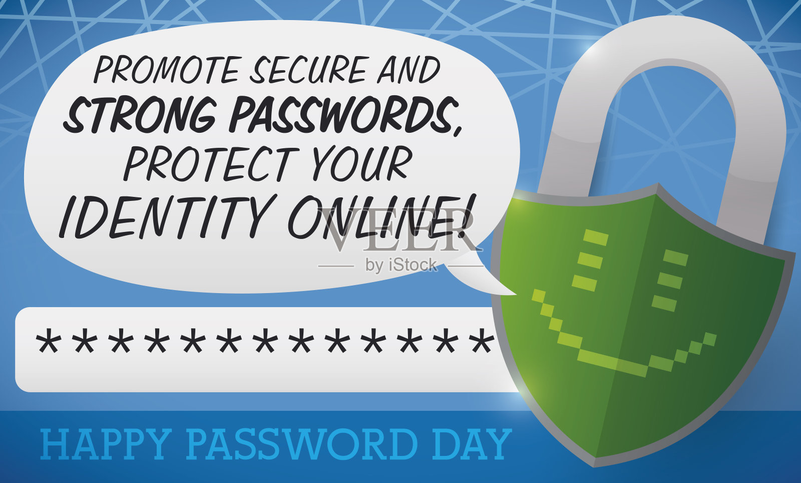 用盾牌、微笑和密码的挂锁庆祝密码日插画图片素材