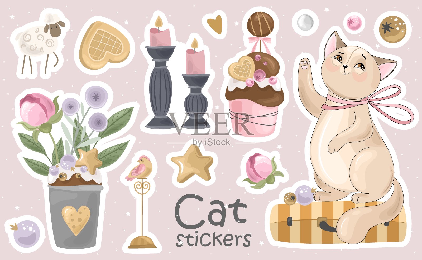 一套猫的贴纸和图标。矢量插图。在织物、纸张、卡片、请柬上印刷。设计元素图片