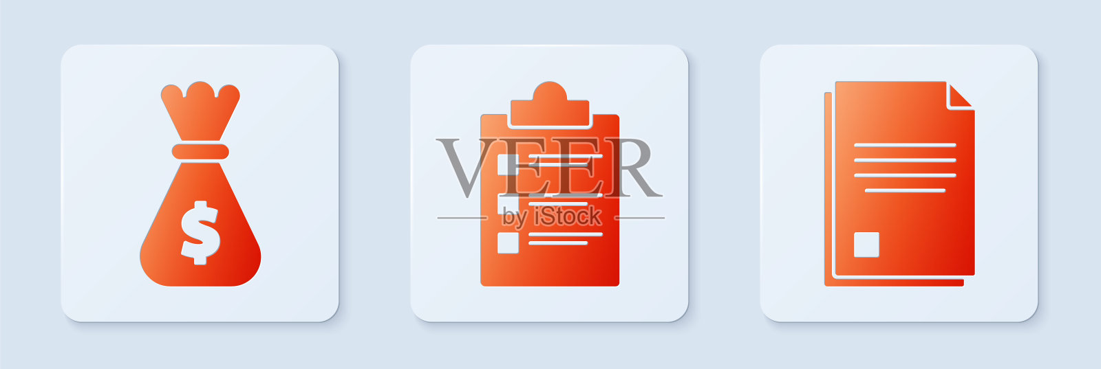 设置剪贴板与清单，钱袋和文件。白色正方形按钮。向量插画图片素材