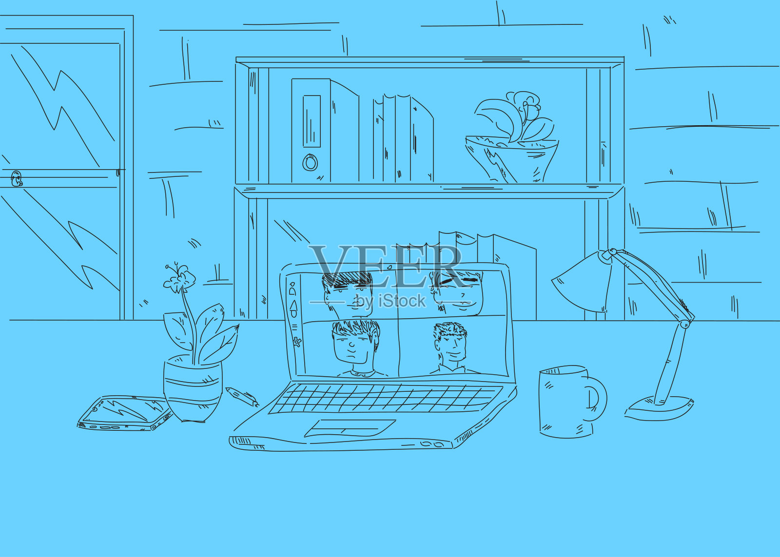 业务团队使用笔记本电脑进行在线视频会议。插画图片素材