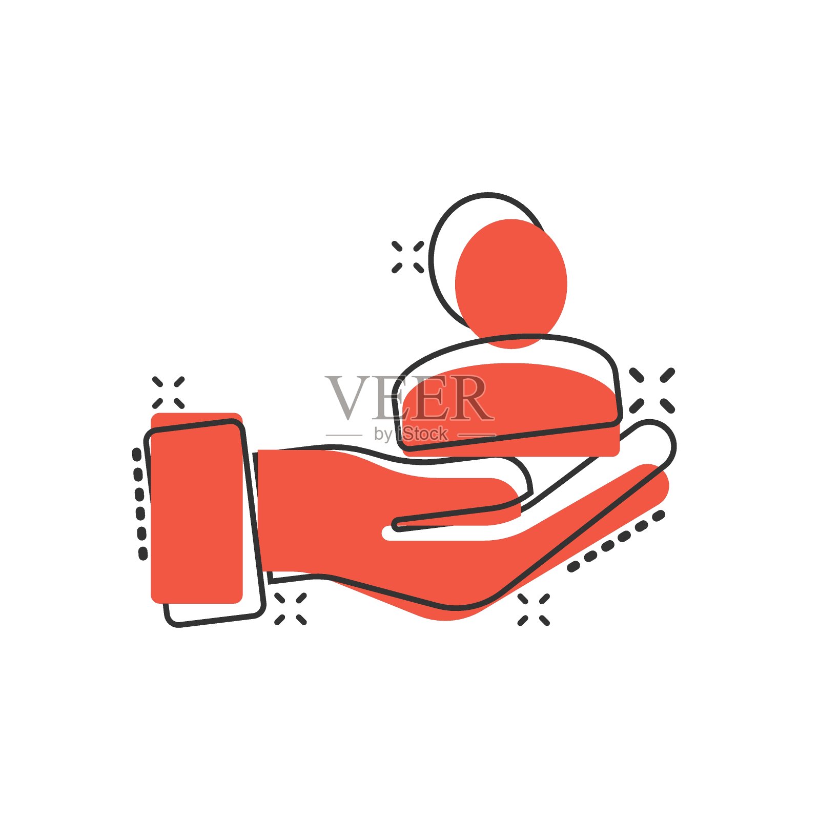 漫画风格的人物和手的图标。保护生活卡通矢量插图上白色孤立的背景。助力喷溅效应经营理念。插画图片素材